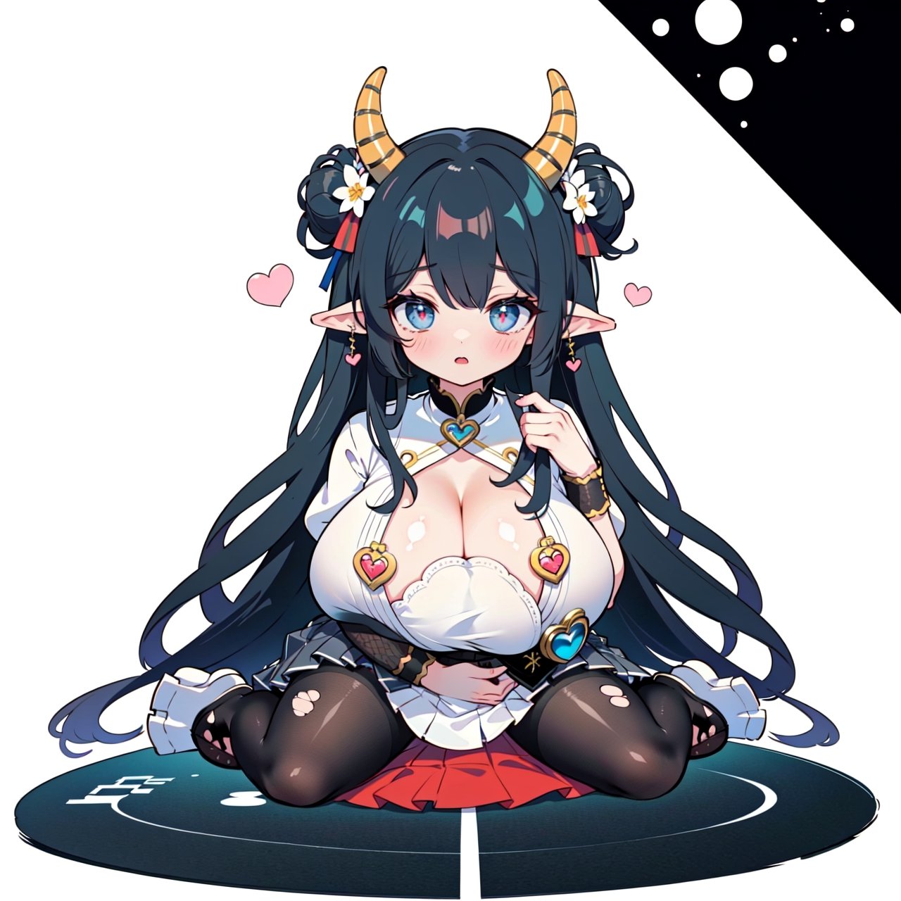 anime,  full body, big boobies, big breast, (masterpiece, best quality, highres:1.1), ultra resolution image, black hair, long hair, blush, (masterpiece, top quality, best quality, beautiful and aesthetic:1.2 ), extreme detailed, highest detailed, 1 girl,  cleavage, heart in eye, huge breasts, pleated-skirt, bra,Sexy Big Breast, horn outfit, Sheep's horn outfit, white background, in white space,YAMATO,cow print,Fairy ears, pointed ears