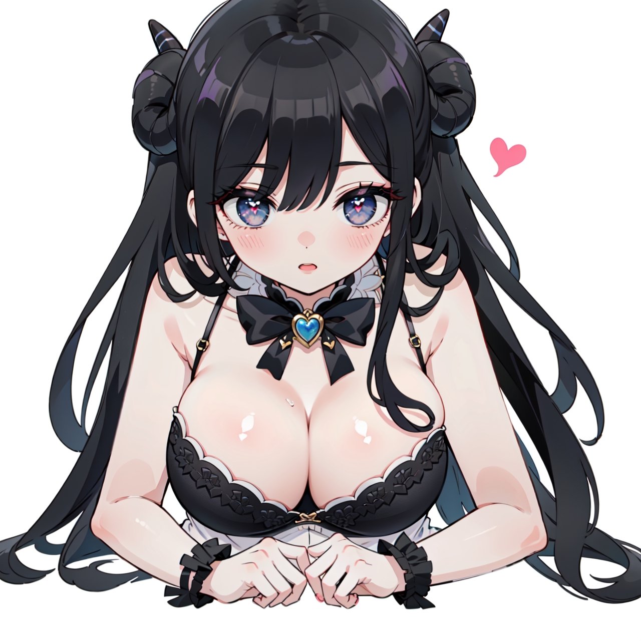 anime,  full body, big boobies, big breast, (masterpiece, best quality, highres:1.1), ultra resolution image, black hair, long hair, blush, (masterpiece, top quality, best quality, beautiful and aesthetic:1.2 ), extreme detailed, highest detailed, 1 girl,  cleavage, heart in eye, huge breasts, miniskirt, bra,Sexy Big Breast, horn outfit, Sheep's horn outfit, white background, in white space,AHE face