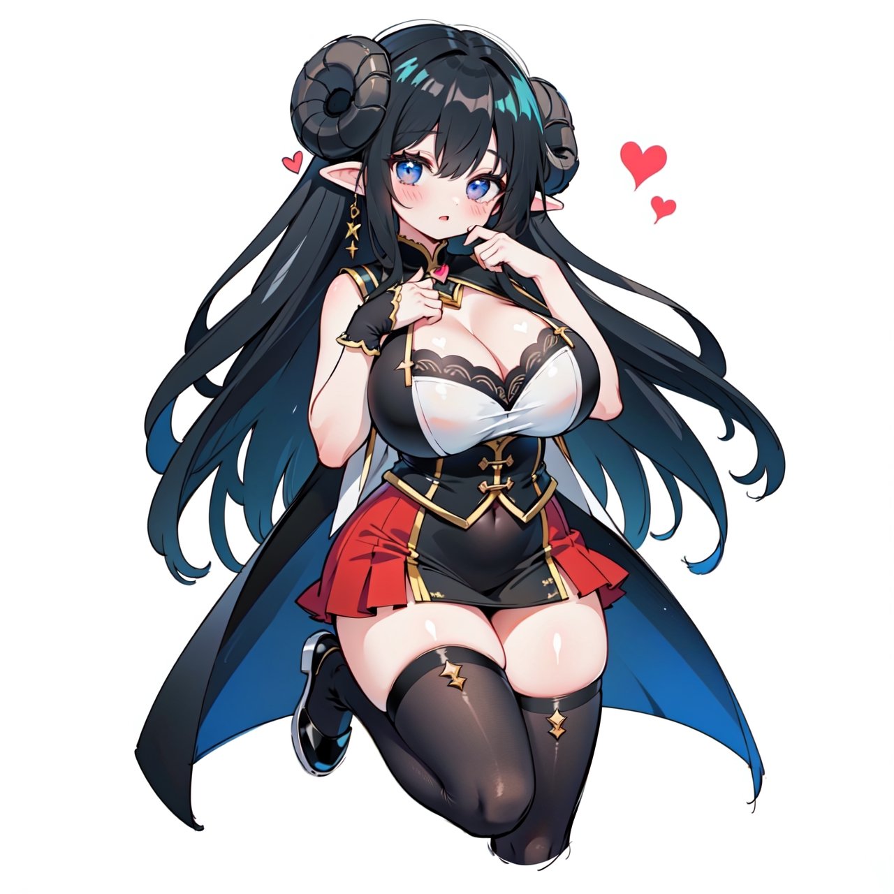 anime,  full body, big boobies, big breast, (masterpiece, best quality, highres:1.1), ultra resolution image, black hair, long hair, blush, (masterpiece, top quality, best quality, beautiful and aesthetic:1.2 ), extreme detailed, highest detailed, 1 girl,  cleavage, heart in eye, huge breasts, miniskirt, bra,Sexy Big Breast, horn outfit, Sheep's horn outfit, white background, in white space