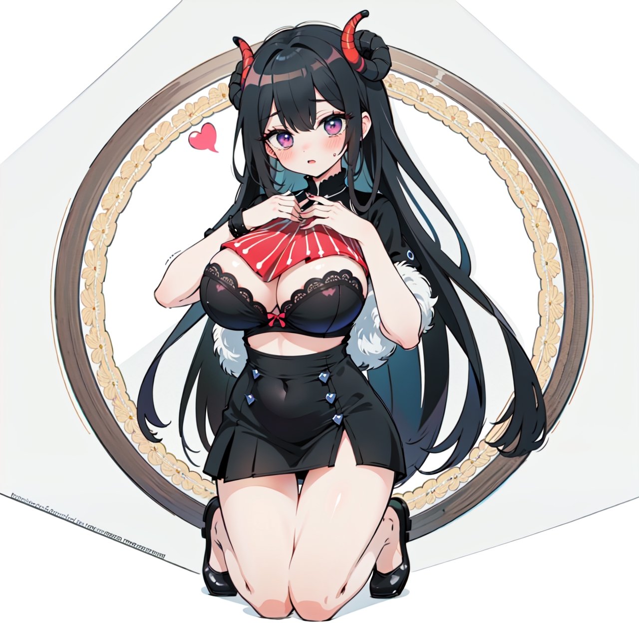 anime,  full body, big boobies, big breast, (masterpiece, best quality, highres:1.1), ultra resolution image, black hair, long hair, blush, (masterpiece, top quality, best quality, beautiful and aesthetic:1.2 ), extreme detailed, highest detailed, 1 girl,  cleavage, heart in eye, huge breasts, miniskirt, bra,Sexy Big Breast, horn outfit, Sheep's horn outfit, white background, in white space,Butterfly totem on face