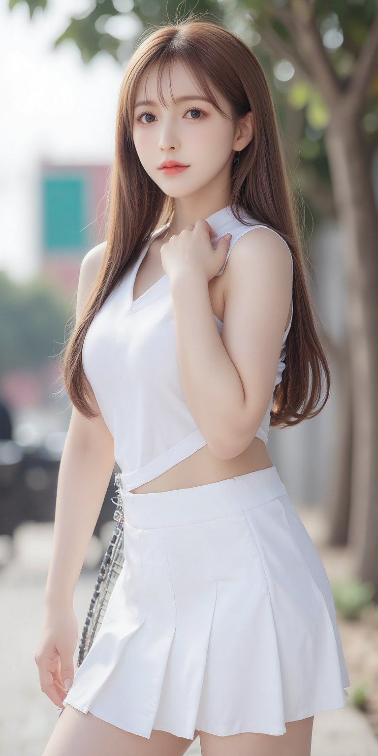 1girl, solo, long hair, looking at viewer, smile, skirt, brown hair, shirt, brown eyes, standing, white shirt, cowboy shot, outdoors, sleeveless, day, tree, lips, arms behind back, white skirt, building, sportswear, realistic, tennis uniform, racket, tennis racket