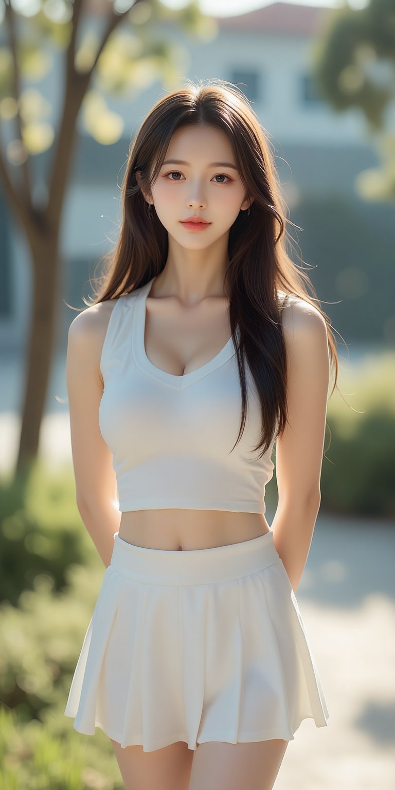 A young woman with long, brown hair stands confidently in a cowboy-shot composition, looking directly at the viewer with a warm smile. Her bright brown eyes sparkle beneath the sunlight, which casts a gentle glow on her sleeveless tennis uniform and white skirt. Her arms are relaxed behind her back, emphasizing her toned physique. The scene is set against a backdrop of lush greenery and a distant building, with a tree providing subtle depth. Her full lips curve upwards, inviting the viewer to engage with her.