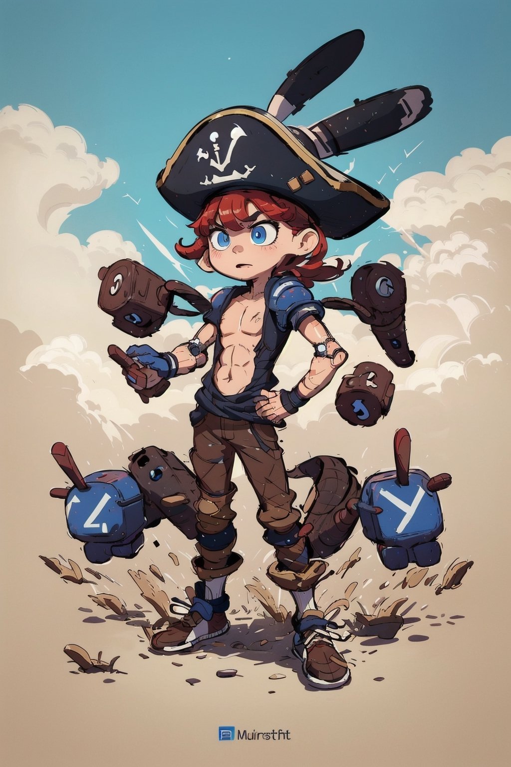 masterpiece,best quality,solo,bare arms,outdoors,blue sky,standing,hand on hip,cleavage cutout,golden armor,helmet,bangs,blue eyes,red hair,High detailed,EpicLogo,1 man,1 boy,athletic man,athletic boy,shirtless,robot,pirate hat,skinny,brown clothes,shirtless