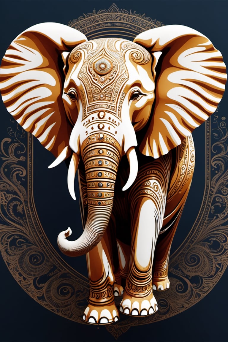 Create an image of a mascot that draws inspiration from a biomechanical elephant, featuring a fusion of organic and metallic components, emit mesmerizing fractal designs. Bright background, Elegant, sophisticated, intricate line work, ornate details, muted color scheme. Art and mathematics fusion, hyper detailed, trending at artstation, sharp focus, studio photography, intricate detail, highly detailed, centered, perfect symmetrical, plain design,tshirt design,8k,high_resolution,super detailed