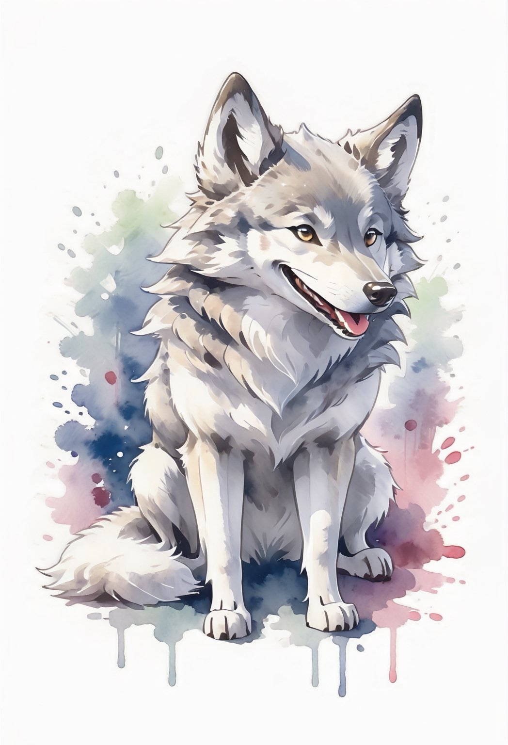 a  cute wolfdog , smiling,watercolor, white background,(full_body:1.9)