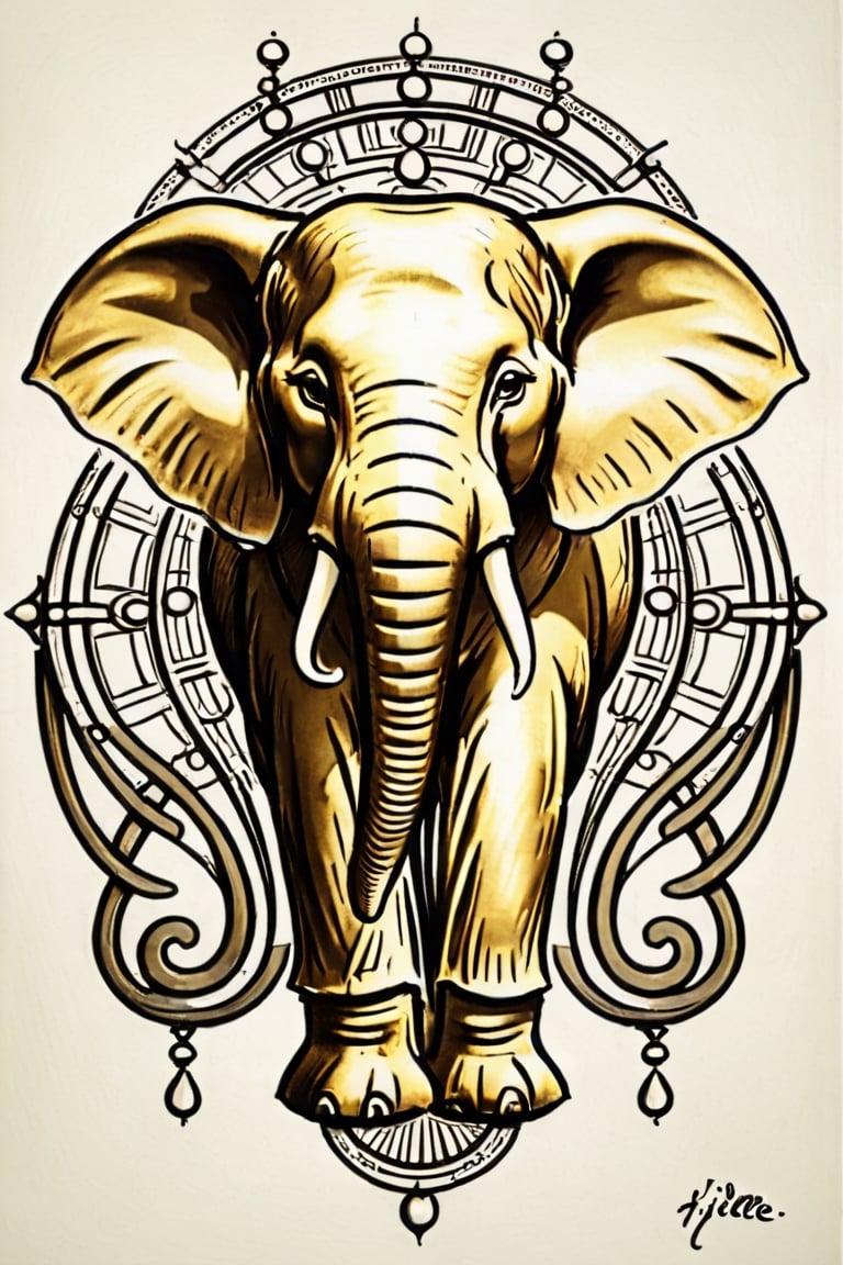 Create an image of a mascot that draws inspiration from a biomechanical elephant, featuring a fusion of organic and metallic components, emit mesmerizing fractal designs. Bright background, Elegant, sophisticated, intricate line work, ornate details, muted color scheme. Art and mathematics fusion, hyper detailed, trending at artstation, sharp focus, studio photography, intricate detail, highly detailed, centered, perfect symmetrical, plain design,tshirt design,8k,high_resolution,ZilleAI