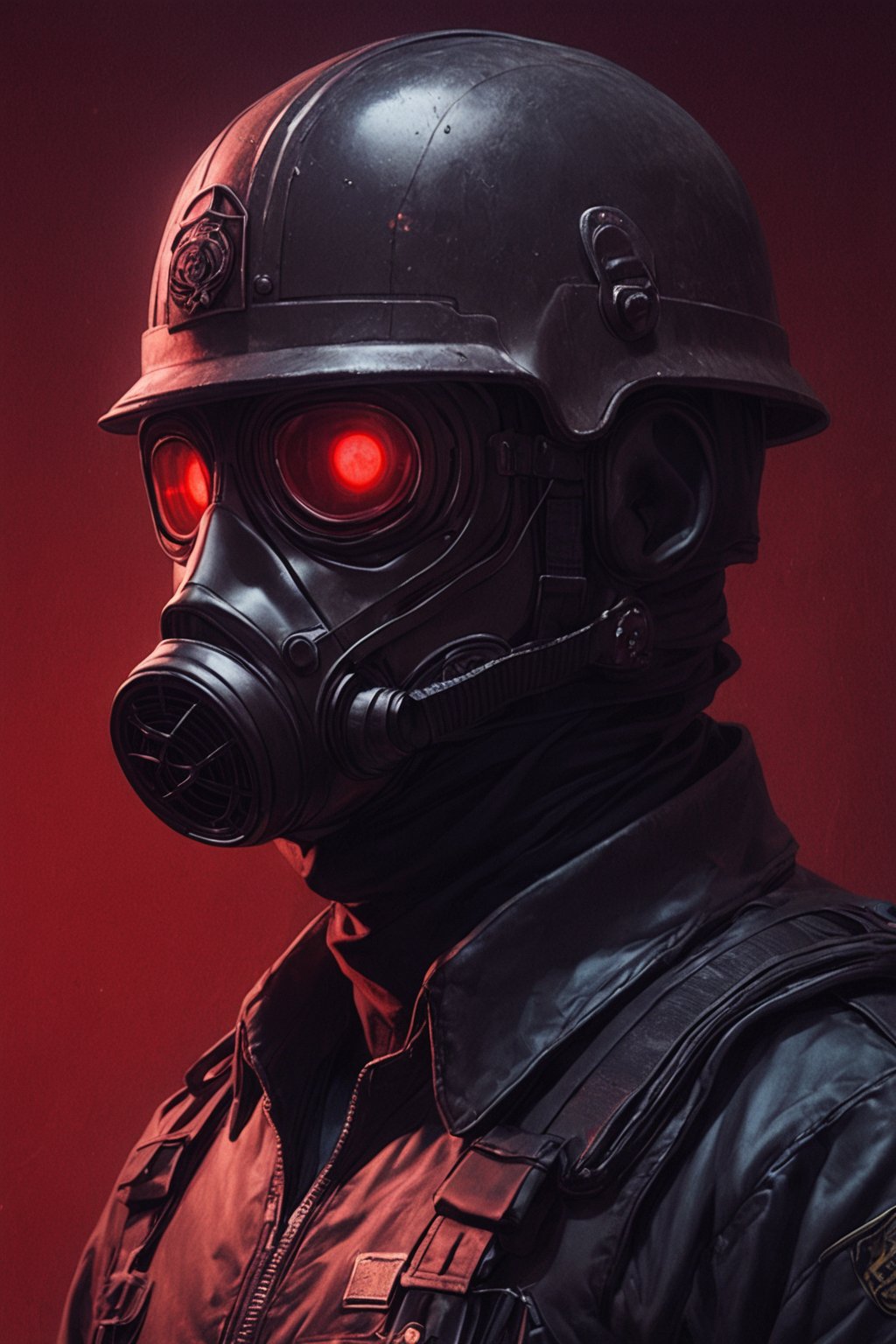 Score_9, Score_8_up, Score_7_up, volumetric_lighting, captivating,  waist-up_portrait, grbtw artstyle, faceless_man, police, (((helmet_with_gasmask))), (modern_black_armor, red_lenses, red_glow, kevlar, stylized, cinematic_scene, thriller_theme), night, desolate_station_interior, solo, retro_anime, british