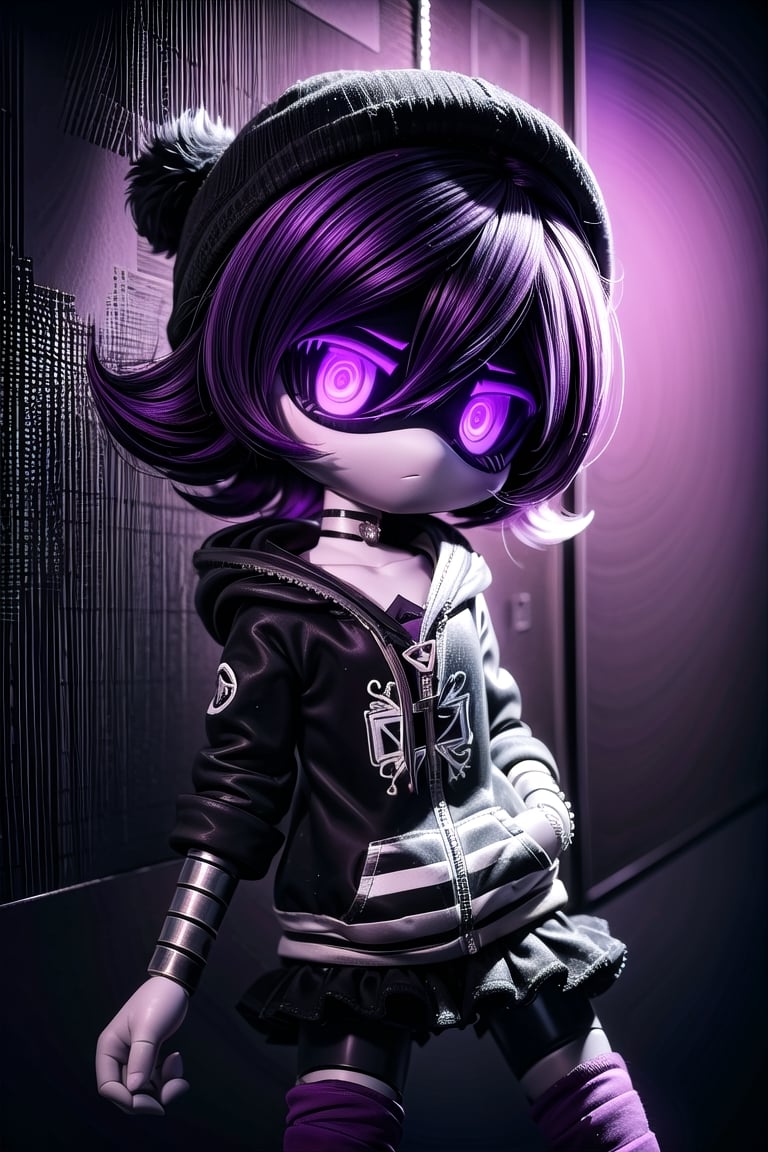 Score_9, Score_8_up, (masterpiece, best_quality, volumetric_lighting, absurdres, 8k, chiaroscuro_lighting, Saturated_colors), (white_metal_skin, black_fiberglass_visor_with_holographic_purple_eyes),  purple hair, black hat, beanie, bangs, necklace, jewelry, short hair, choker, shorts, skirt, black_hoodie, shiny, collarbone, black_and_purple_striped_high_socks, Uzi,