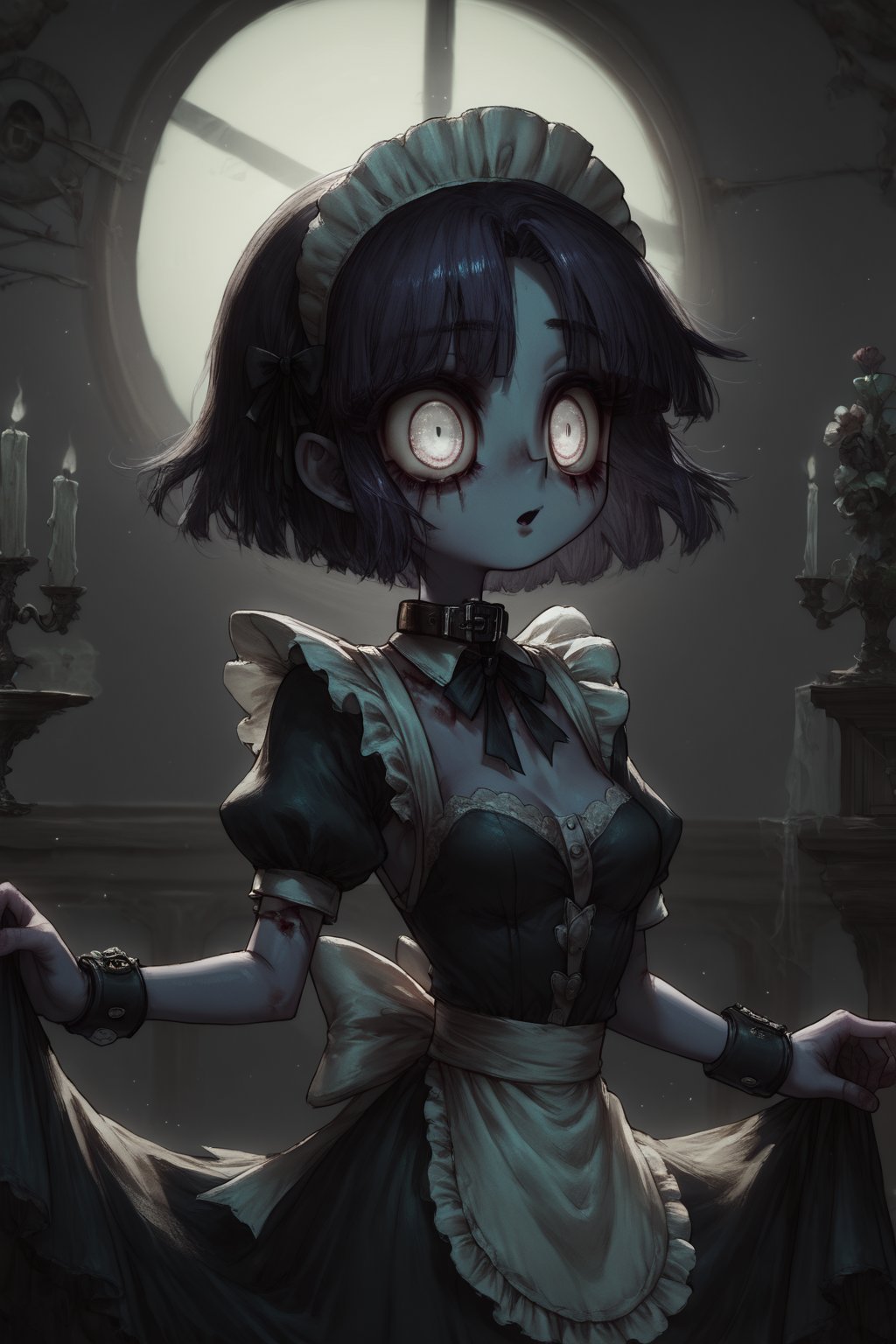 Score_9, Score_8_up, Score_7_up, volumetric_lighting, chiaroscuro_lighting, shaders, by: canaryprimary, 1girl, solo, intricate, ((detailed, dynamic, zombie-girl, inviting)), cute, (maid_outfit, empty_eyes, atmospheric, moonlight, detailed_eyes, detailed_expression, rear), happy, wiggling,  light_particles, collar, dark_interior, soft_light, stylized, 