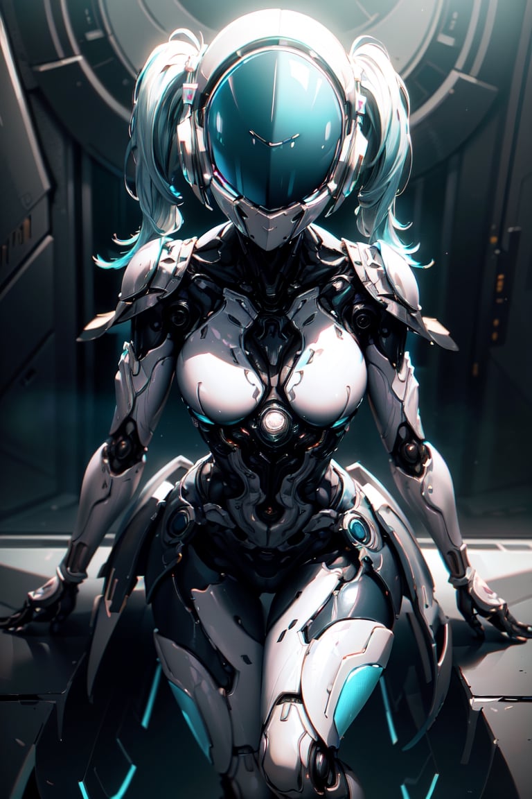 (masterpiece, best quality, volumetric lighting, absurdres, 8k, chiaroscuro lighting, Saturated_colors, intricately_detailed), robot, (twintails, faceless, 1_girl, neotech, cyan_neon_trim, slick, helmet_with_blue_visor, white_metal_body), yareli, 