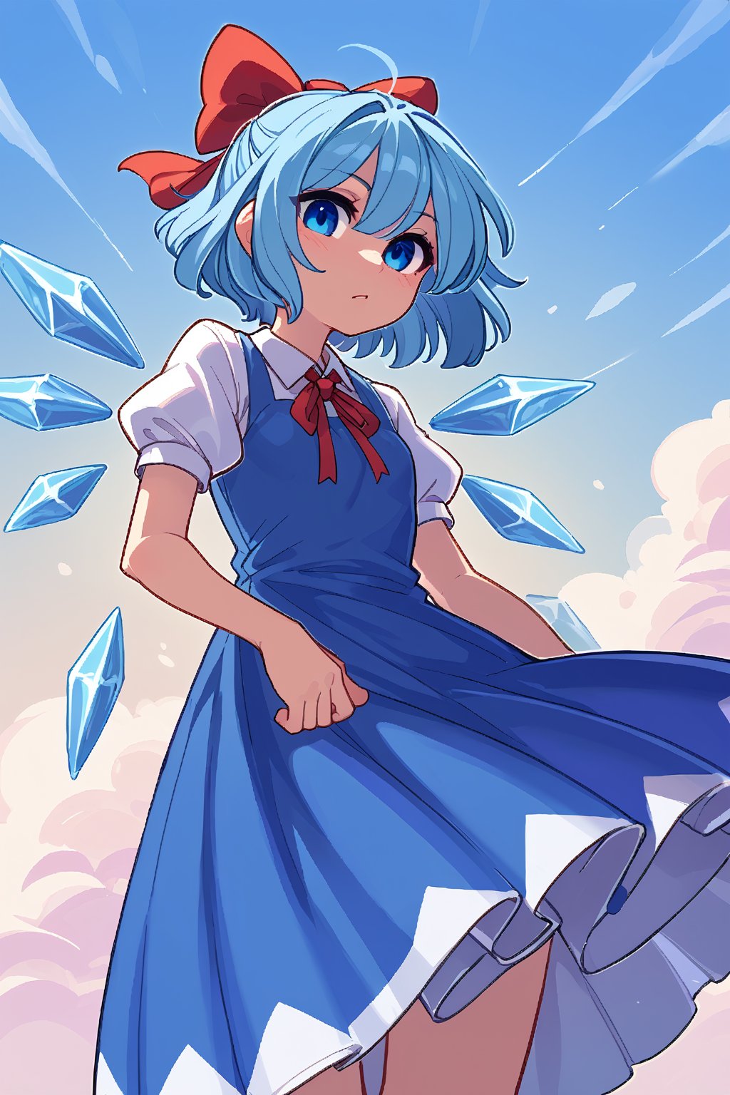 Score9, Score8up, Score7up, dramatic_lighting, shaders, 1girl, by: krekk0v, by: teckworks, by: dimwitdog, by: pixelsketcher, by: minus8, low_angle, (Cirno, petite), clear_sky,  wings, blue_eyes, dress, bow, ice_wings, blue_hair, ice, blue_dress, short_sleeves, blue_bow, short_hair, hair_bow, puffy_sleeves, red_ribbon, flat_chest, wind