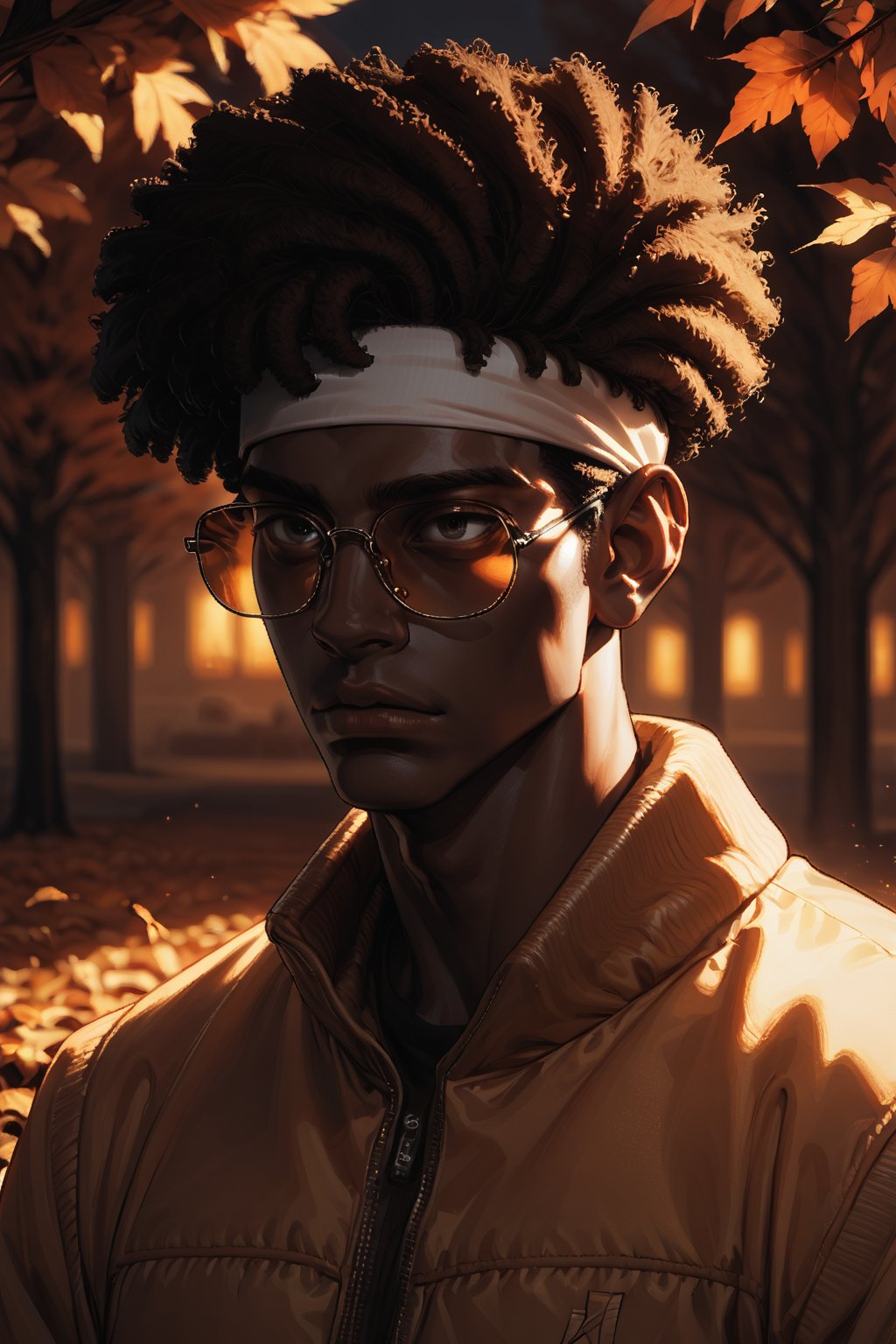 Score_9, Score_8_up, Score_7_up, volumetric_lighting, chiaroscuro_lighting, shaders, by: krekk0v, by: teckworks, by: pixelsketcher, by: minus8, solo, 1boy, portrait, shades, autumn, dusk, (source_comic, african, ebony), black_afro_hair, dark_theme, atmospheric, bomber_jacket, headband, stoic