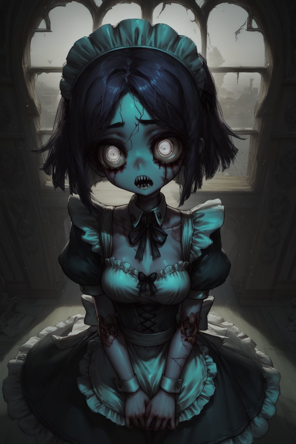 Score_9, Score_8_up, Score_7_up, volumetric_lighting, chiaroscuro_lighting, shaders, by: canaryprimary, 1girl, high_angle, solo, intricate, ((detailed, dynamic, zombie-girl, inviting)), (maid_outfit, empty_eyes, atmospheric, moonlight, detailed_eyes, detailed_expression), light_particles, collar, dark_interior, soft_light, stylized, 