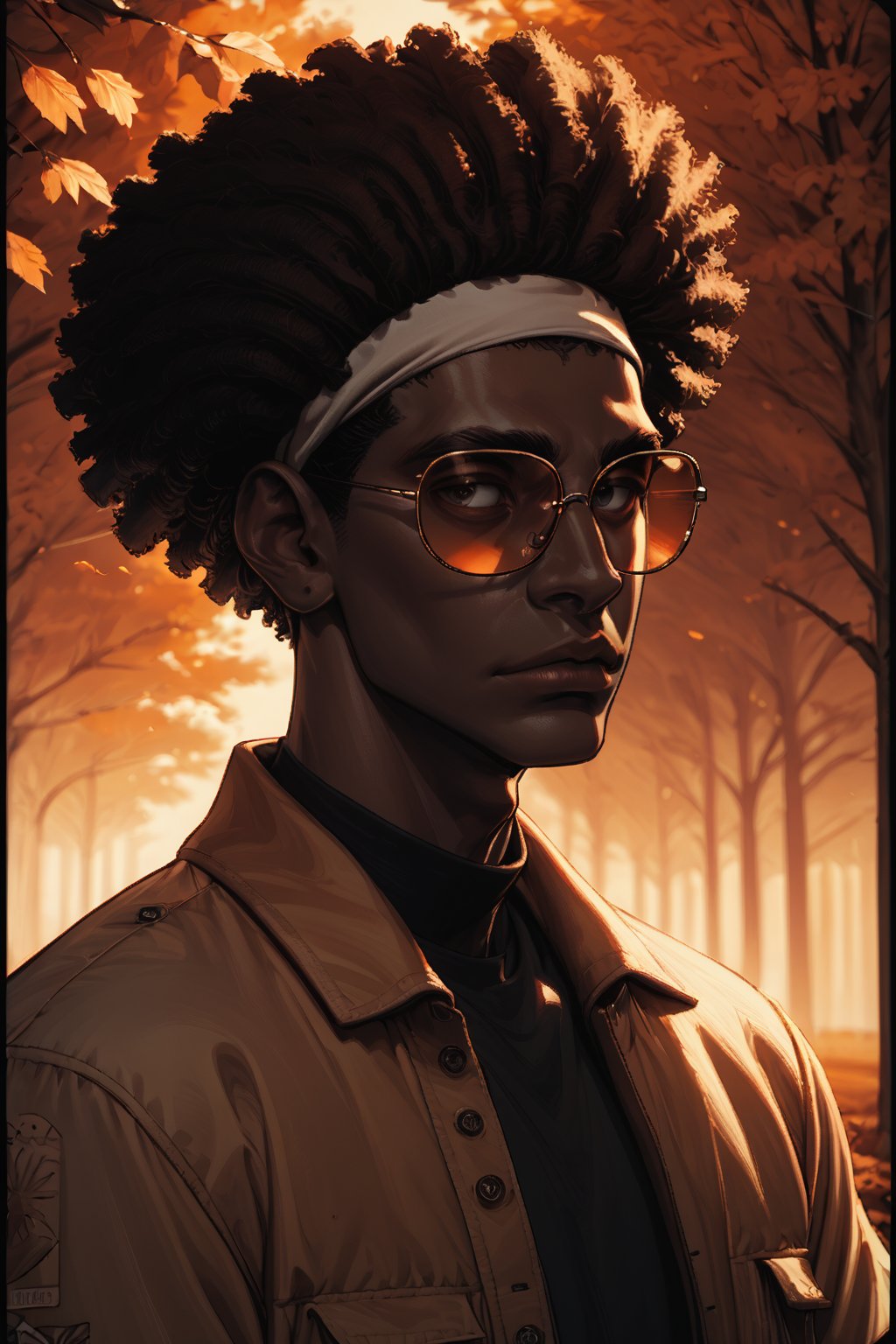 Score_9, Score_8_up, Score_7_up, volumetric_lighting, chiaroscuro_lighting, shaders, by: krekk0v, by: teckworks, by: pixelsketcher, by: minus8, solo, 1boy, portrait, shades, autumn, dusk, (source_comic, african, ebony), black_afro_hair, dark_theme, atmospheric, bomber_jacket, headband, stoic