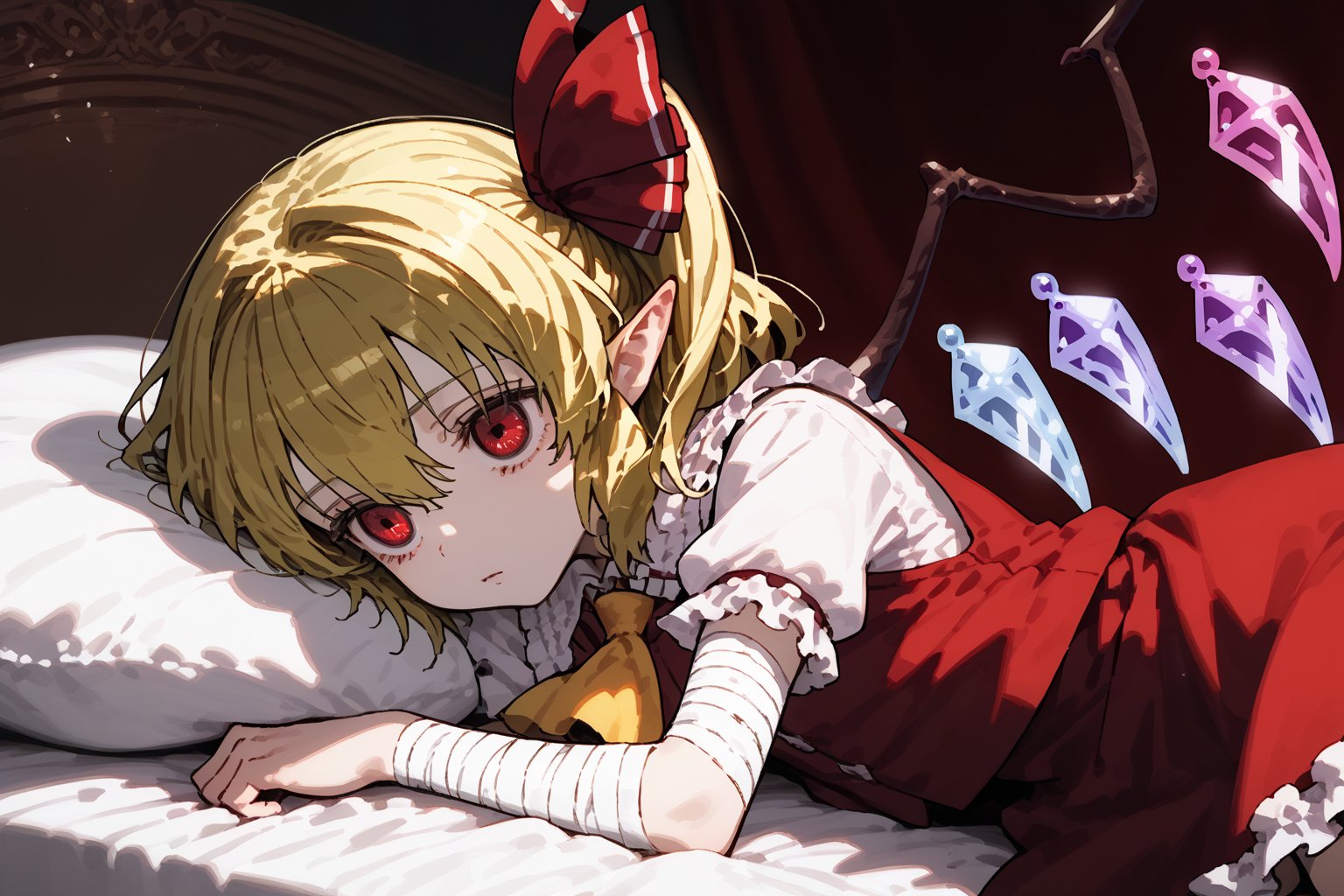 Score9, Score8up, Score7up, volumetric_lighting, chiaroscuro_lighting, shaders, 1girl, (Flandre_Scarlet, petite), solo, blonde_hair, red_eyes, empty_eyes, sidelong_glance, melancholic, subtle_bandages, laying_on_bed, red_vest, frilled_skirt, white_shirt, yellow_ascot_tie black_laced_thigh-highs, pointy_ears, flat_chest, dark_room