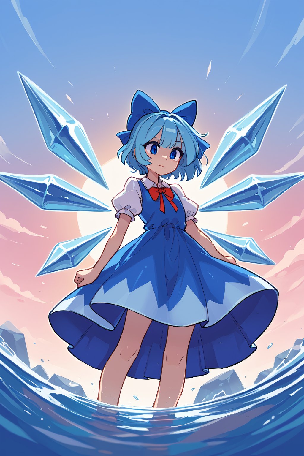 Score9, Score8up, Score7up, dramatic_lighting, shaders, 1girl, by: krekk0v, by: teckworks, by: dimwitdog, by: pixelsketcher, by: minus8, low_angle, (Cirno, petite), clear_sky,  wings, blue_eyes, dress, bow, ice_wings, blue_hair, ice, blue_dress, short_sleeves, blue_bow, short_hair, hair_bow, puffy_sleeves, red_ribbon, flat_chest, wind