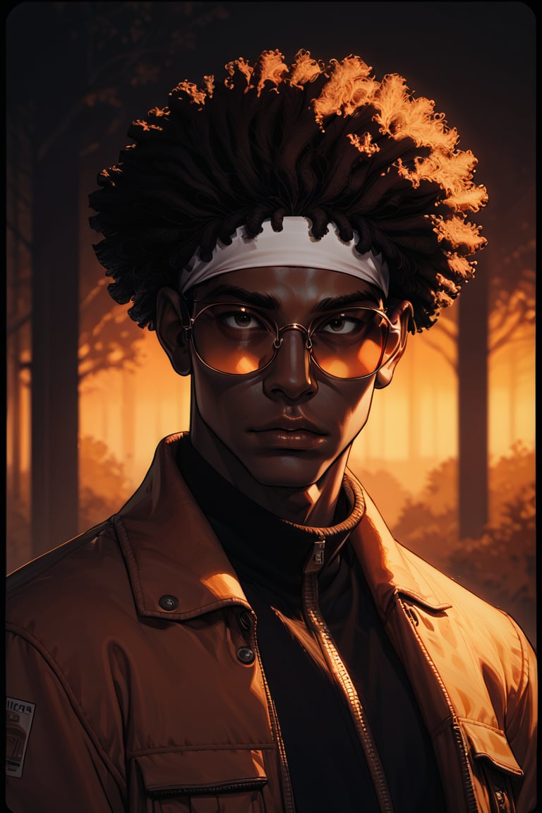 Score_9, Score_8_up, Score_7_up, volumetric_lighting, chiaroscuro_lighting, shaders, by: krekk0v, by: teckworks, by: pixelsketcher, by: minus8, solo, 1boy, portrait, shades, autumn, dusk, (source_comic, african, ebony), black_afro_hair, dark_theme, atmospheric, bomber_jacket, headband, stoic