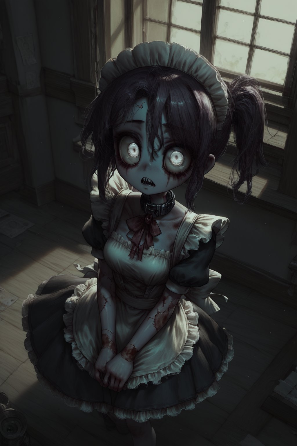 Score_9, Score_8_up, Score_7_up, volumetric_lighting, chiaroscuro_lighting, shaders, by: canaryprimary, 1girl, high_angle, solo, intricate, ((detailed, dynamic, zombie-girl, inviting)), cute, (maid_outfit, empty_eyes, atmospheric, moonlight, detailed_eyes, detailed_expression), light_particles, collar, dark_interior, soft_light, stylized, 