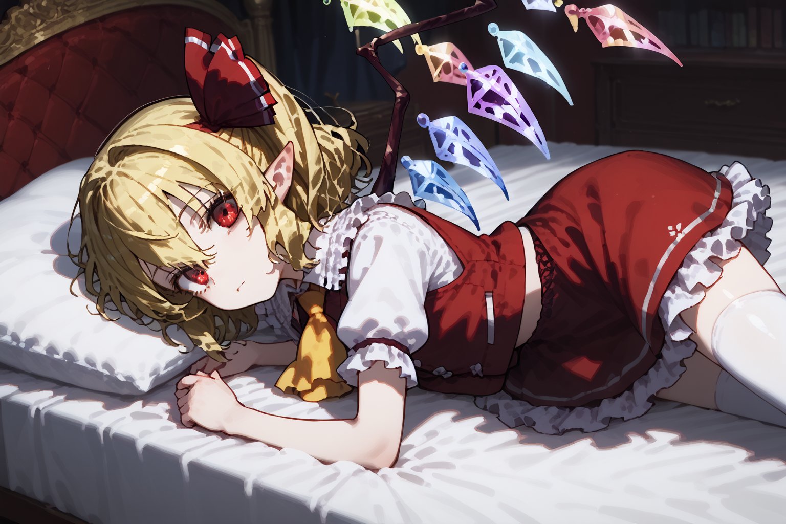 Score9, Score8up, Score7up, volumetric_lighting, chiaroscuro_lighting, shaders, high_angle, 1girl, (Flandre_Scarlet, petite), solo, blonde_hair, red_eyes, sidelong_glance, melancholic, subtle_bandages, laying_on_bed, red_vest, frilled_skirt, white_shirt, yellow_ascot_tie black_laced_thigh-highs, pointy_ears, flat_chest, dark_room