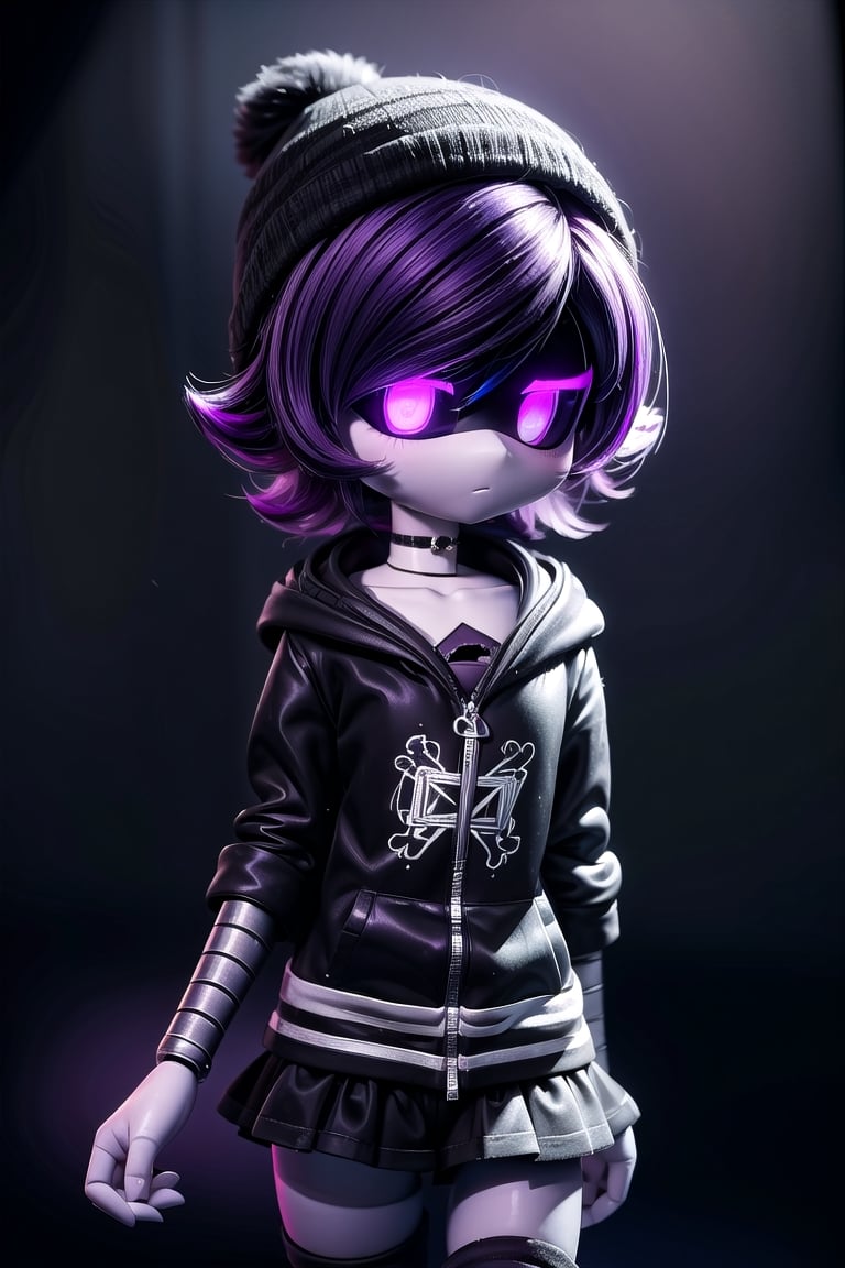 (masterpiece, best_quality, volumetric_lighting, absurdres, 8k, chiaroscuro_lighting, Saturated_colors), (white_metal_skin, black_fiberglass_visor_with_holographic_purple_eyes),  purple hair, black hat, beanie, bangs, necklace, jewelry, short hair, choker, shorts, skirt, black_hoodie, shiny, collarbone, black_and_purple_striped_high_socks, Uzi,