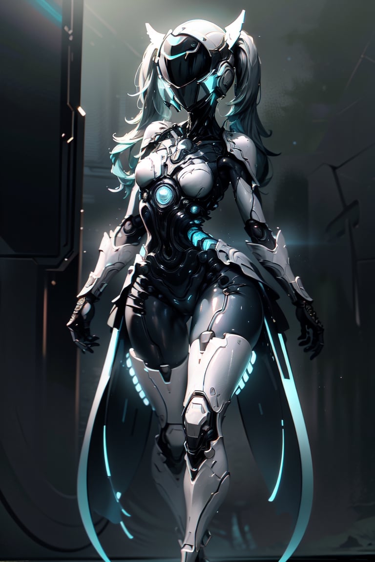 (masterpiece, best quality, volumetric lighting, absurdres, 8k, chiaroscuro lighting, Saturated_colors, intricately_detailed, neotech), ((slick)), wide_hips, (1_girl, white_metal_body, faceless, cute, cyan_neon_trim, helmet_with_blue_visor, long_twintails,), yareli, Style_SM