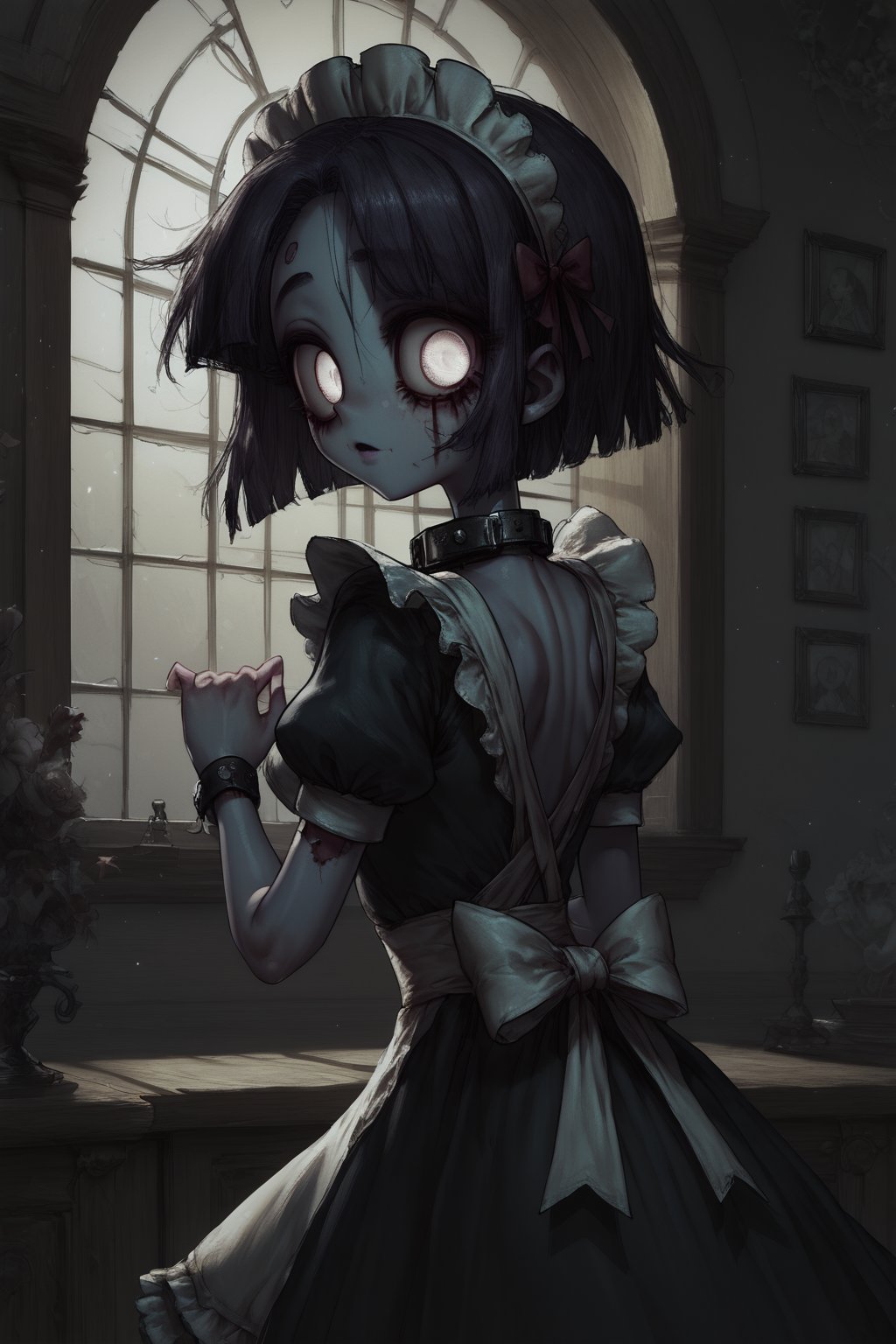 Score_9, Score_8_up, Score_7_up, volumetric_lighting, chiaroscuro_lighting, shaders, by: canaryprimary, 1girl, solo, intricate, ((detailed, dynamic, zombie-girl, inviting)), cute, (maid_outfit, empty_eyes, atmospheric, moonlight, detailed_eyes, detailed_expression, rear), happy, wiggling,  light_particles, collar, dark_interior, soft_light, stylized, 