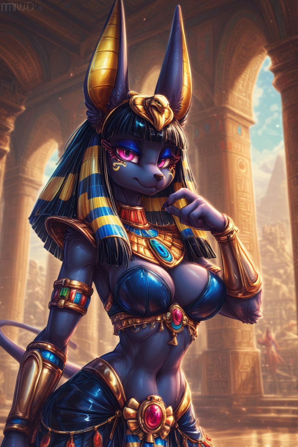 Score_9, Score_8_up, Score_7_up, hi-res, high_resolution, volumetric_lighting, chiaroscuro_lighting, vibrant, by; minus8, by: teckworks, by: 0r0ch1, by: dimwitdog, 1girl,  (furry, anubis, egyptian), portrait, dynamic_pose, armor, jewelry, thick_eyelashes, ((expressive)), dominant, interior, intricate 