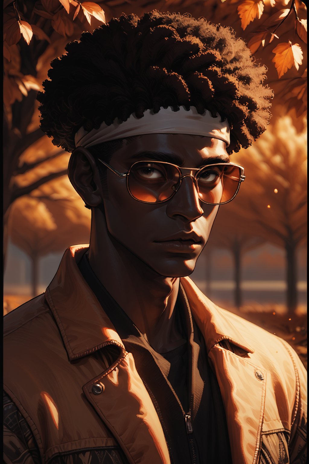 Score_9, Score_8_up, Score_7_up, volumetric_lighting, chiaroscuro_lighting, shaders, by: krekk0v, by: teckworks, by: pixelsketcher, by: minus8, solo, 1boy, portrait, shades, autumn, dusk, (source_comic, african, ebony), black_afro_hair, dark_theme, atmospheric, bomber_jacket, headband, stoic