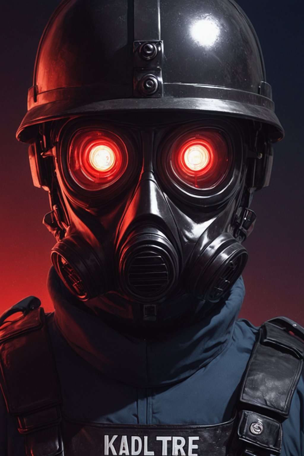 Score_9, Score_8_up, Score_7_up, volumetric_lighting, captivating,  portrait, grbtw artstyle, faceless_man, police, black_armor, (((helmet_with_gasmask))), (red_lenses, red_glow, kevlar, stylized, cinematic_scene, thriller_theme), night, desolate_station_interior, solo, winter, retro_anime, british