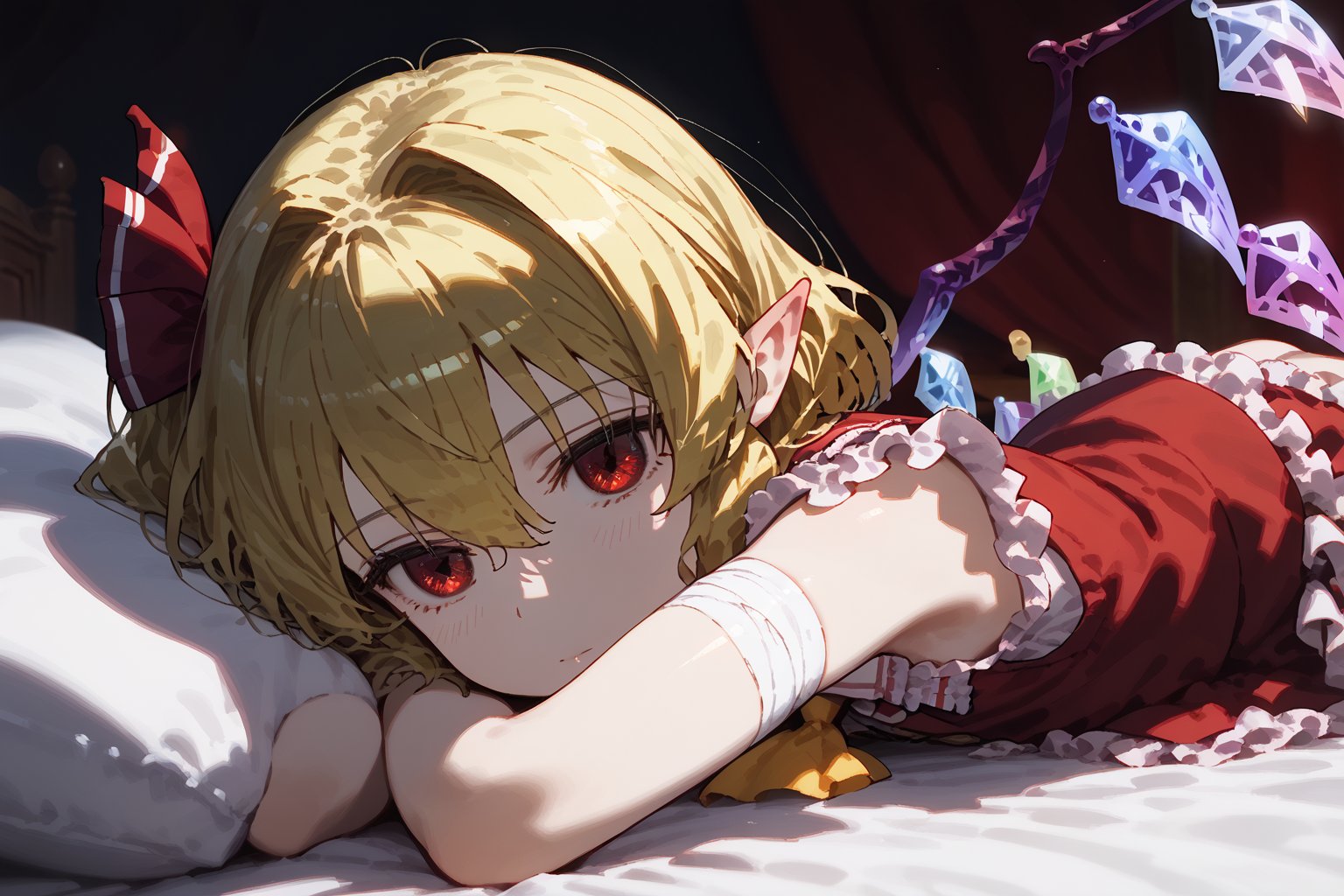 Score9, Score8up, Score7up, volumetric_lighting, chiaroscuro_lighting, shaders, face_focus, face_close-up, 1girl, (Flandre_Scarlet, petite), solo, blonde_hair, red_eyes, sidelong_glance, melancholic, bandages, laying_on_bed, red_vest, frilled_skirt, white_shirt, yellow_ascot_tie black_laced_thigh-highs, pointy_ears, flat_chest, dark_room