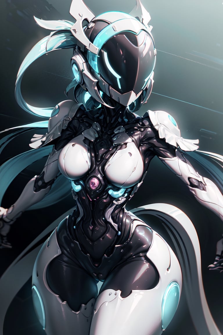 (masterpiece, best quality, volumetric lighting, absurdres, 8k, chiaroscuro lighting, Saturated_colors, intricately_detailed, neotech, slick), wide_hips, (1_girl, white_metal_body, faceless, cute, cyan_neon_trim, helmet_with_blue_visor, long_twintails,), yareli