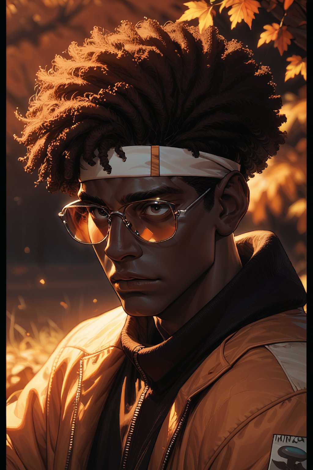 Score_9, Score_8_up, Score_7_up, volumetric_lighting, chiaroscuro_lighting, shaders, by: krekk0v, by: teckworks, by: pixelsketcher, by: minus8, solo, 1boy, portrait, shades, autumn, dusk, (source_comic, african, ebony), black_afro_hair, dark_theme, atmospheric, bomber_jacket, headband, stoic