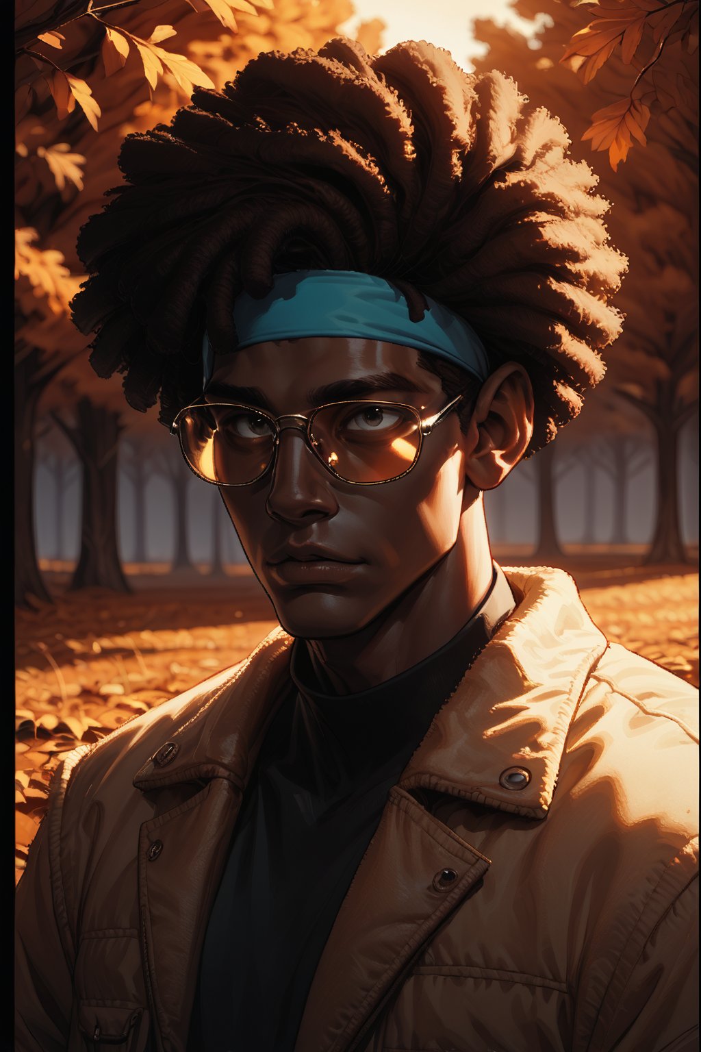 Score_9, Score_8_up, Score_7_up, volumetric_lighting, chiaroscuro_lighting, shaders, by: krekk0v, by: teckworks, by: pixelsketcher, by: minus8, solo, 1boy, portrait, shades, autumn, dusk, (source_comic, african, ebony), black_afro_hair, dark_theme, atmospheric, bomber_jacket, headband, stoic