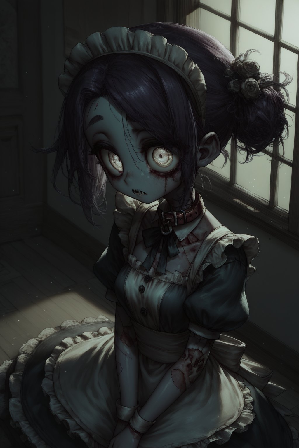 Score_9, Score_8_up, Score_7_up, volumetric_lighting, chiaroscuro_lighting, shaders, by: canaryprimary, 1girl, high_angle, solo, intricate, ((detailed, dynamic, zombie-girl, inviting)), cute, (maid_outfit, empty_eyes, atmospheric, moonlight, detailed_eyes, detailed_expression), light_particles, collar, dark_interior, soft_light, stylized, 