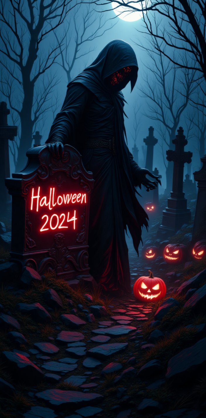 A faceless Grim reaper standing beside a tomb stone with glowing text : Halloween 2024

Graveyard , cemetery, digital comic syle artistic masterpiece portrait   cinematic , transparence intricated lighting, dynamic shadow , high deepness cinematic,Lady Vampire with GraveStone