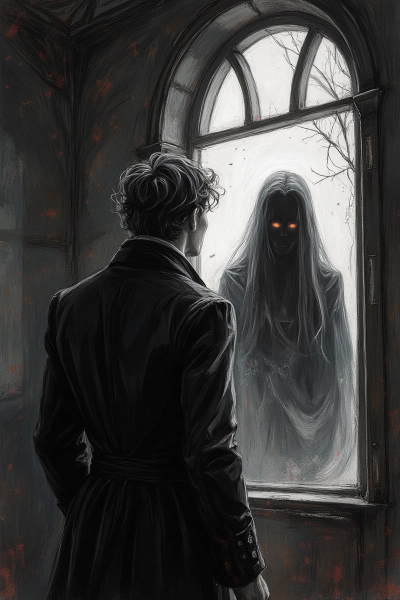 A confused guy in victorian era clothes looking at window on eerie hallway, a spectral phantom figure looking back at him opposote side of the window,Spooky  Art Drawing