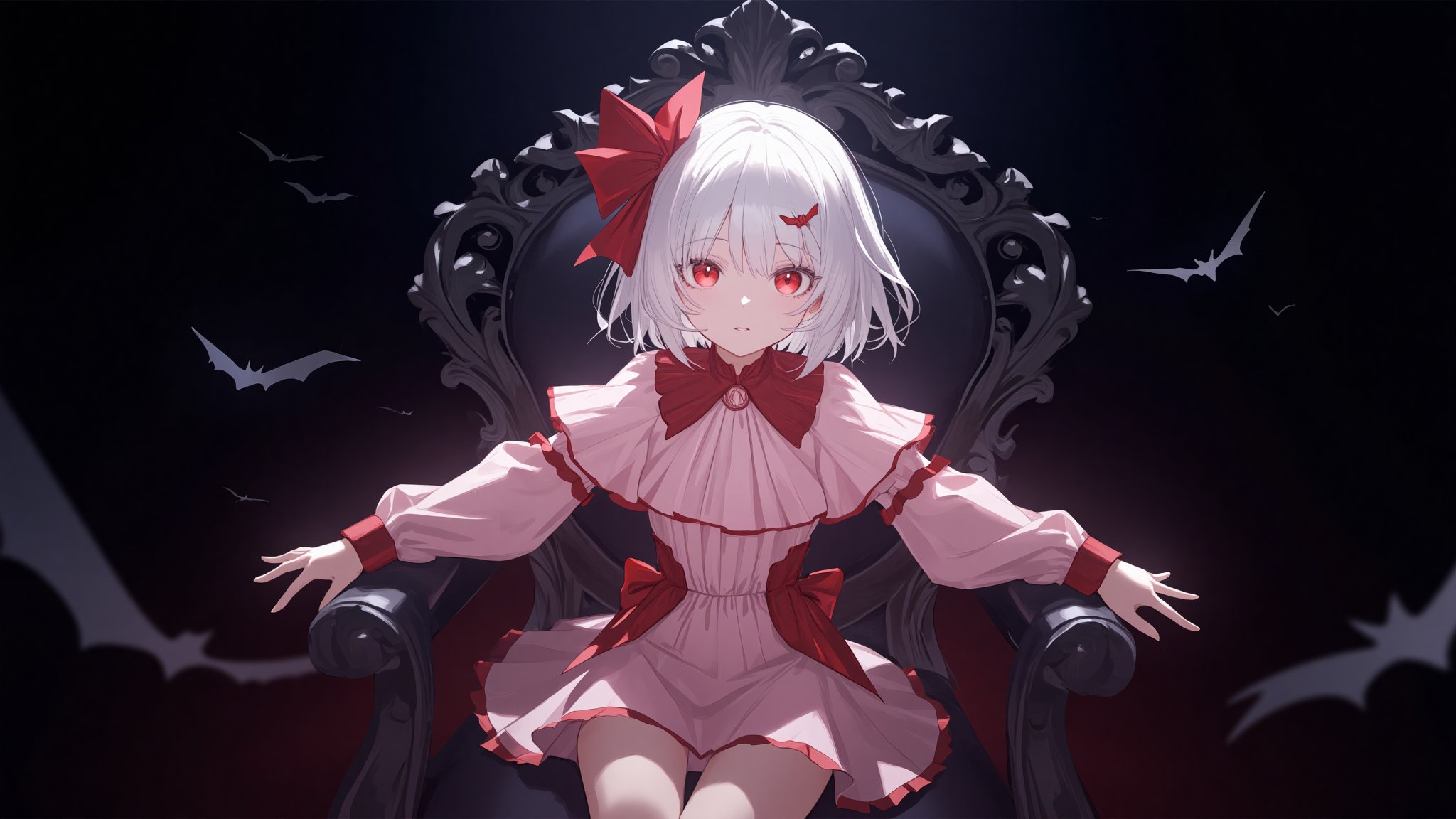 The image is an illustration of a young girl with white hair and red eyes. She is wearing a pink dress with a red bow on her head and a red collar. The dress has a high neckline and long sleeves. The girl is sitting on a black chair with her arms stretched out to the sides. The background is dark and there are bats flying around her. The overall mood of the image is eerie and mysterious.