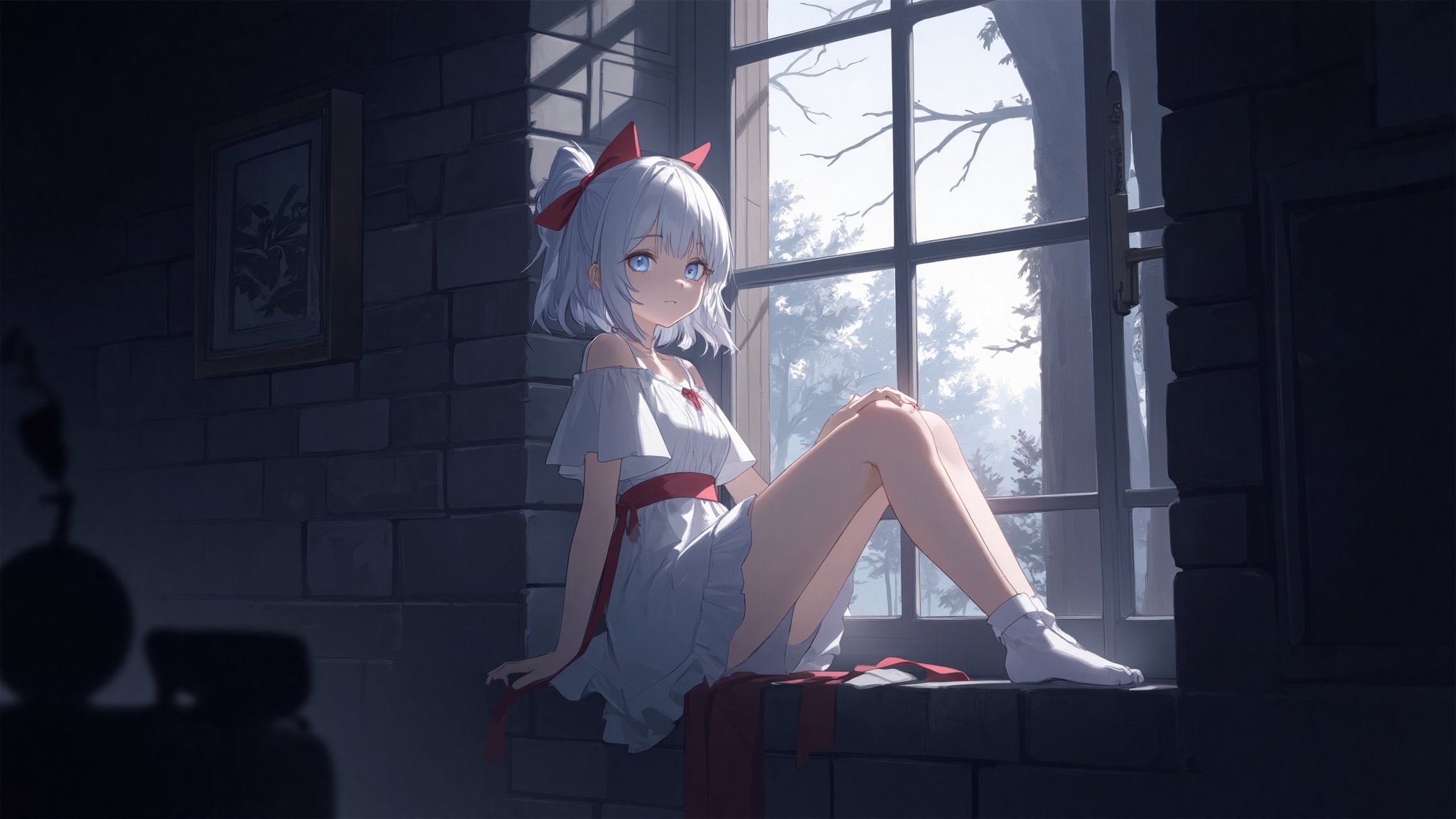 The image is an illustration of a young girl with white hair and blue eyes. She is sitting on a window sill with her legs crossed and her hands resting on her knees. The girl is wearing a white dress with a red ribbon tied around her waist. She has a red bow in her hair and is looking out the window with a peaceful expression on her face. The background is dark and there are trees visible through the window. The overall mood of the image is calm and serene.