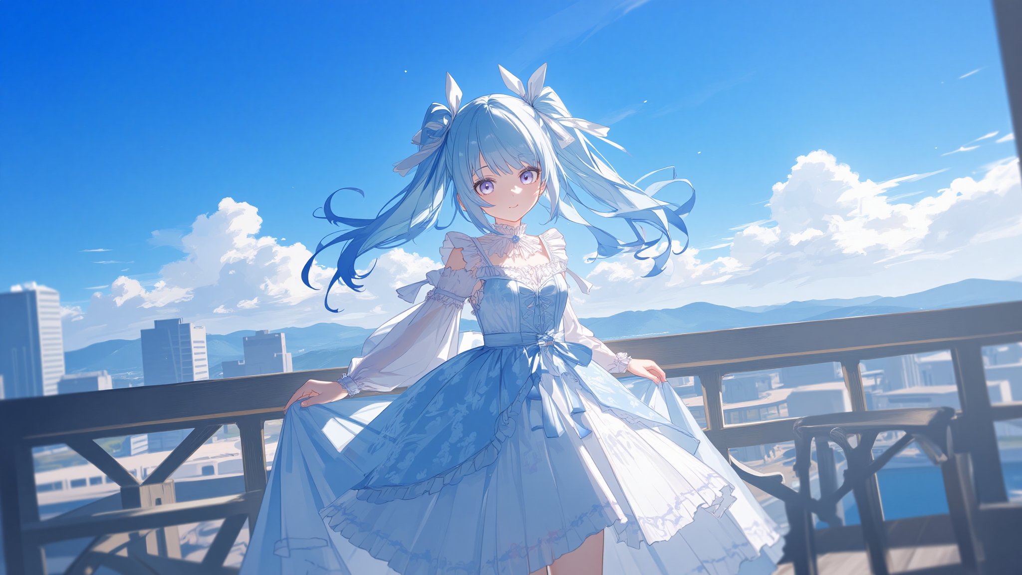 a young anime girl stands on a wooden deck in front of a metal railing. She is dressed in a light blue dress adorned with a detailed floral pattern, adorned with intricately tied blue ribbons and a perfectly placed white bow. Her hair is pulled back in a neat and flowing ponytail, with strands catching the light, adding a pop of color to the scene. Her eyes sparkle with life, and her expression is serene yet curious. The sky is a deep blue, dotted with fluffy white clouds, and a few buildings can be seen in the distance, their outlines sharp against the horizon. The sunlight casts gentle shadows, highlighting the texture of the wooden deck and the metal railing.