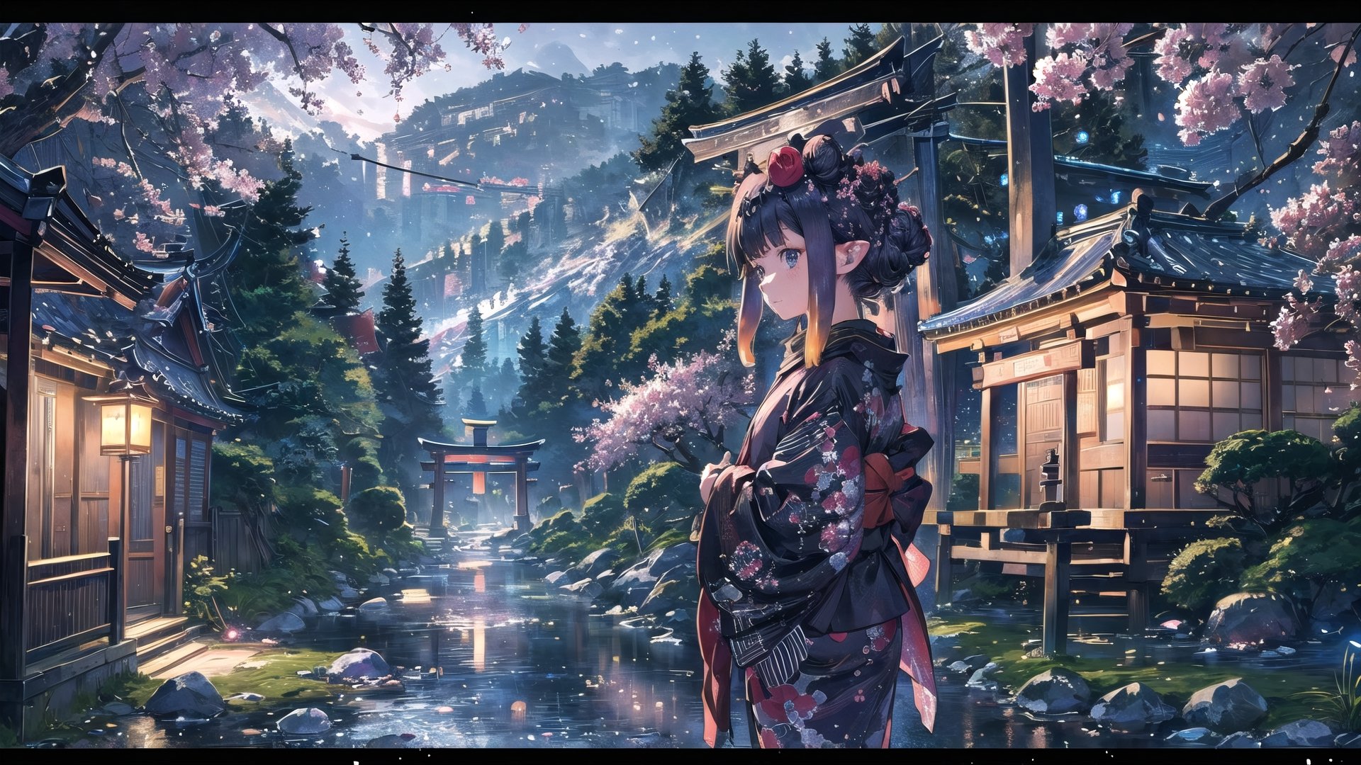 //Quality
(((best quality, 8k wallpaper))), ((detailed eyes, detailed illustration, masterpiece, ultra-detailed)),

//Charater
1girl, solo, ninomae ina'nis, flat_chest, tiny_chest,
inanewyears, haori, print kimono, black scarf, double bun, hair flower

// Background
((detailed background)), midjourney, yofukashi background,perfect light, (cherry blossoms), extremely delicate and beautiful, ((background: shrine, night stars iridescent)), ((nightime, detailed stars)), Night view in the shrine, A girl prays in front of a shrine at night, behind her is a row of lanterns and a red torii gate