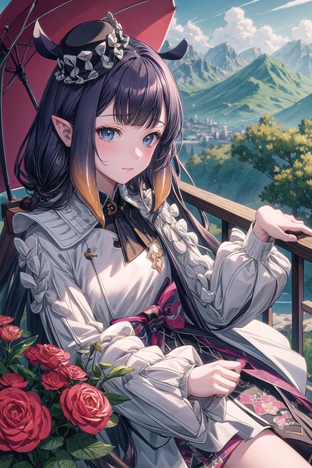 //Quality
(((best quality, 8k wallpaper))), ((detailed eyes, detailed illustration, masterpiece, ultra-detailed)),

//Charater
1girl, solo, ninomae ina'nis, bangs, inacolorful, multicolored clothes, mini hat

// Pose
profile, in_profile, upper body, (dynamic angle), 

// Background
balcony scenery, blue cloudy sky scenery, plants and flowers, mountains scenery