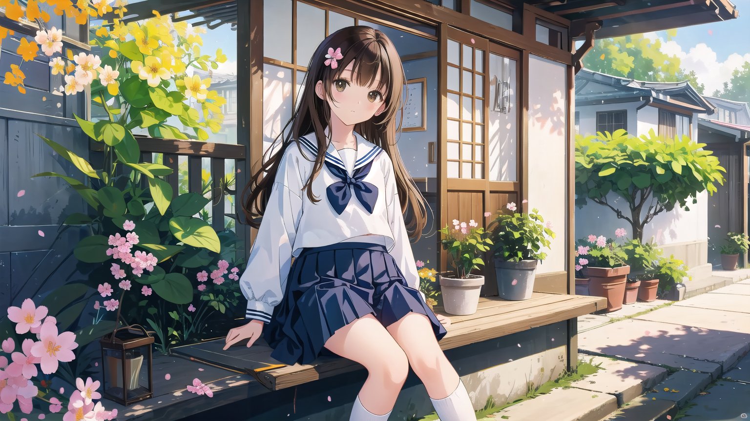 masterpiece, best quality, high quality, extremely detailed CG unity 8k wallpaper, extremely detailed, High Detail, anime style, colors, backlight, bright, vibrant,

(1girl, solo), long hair, looking at viewer, bangs, skirt, brown hair, shirt, black hair, long sleeves, holding, brown eyes, sitting, school uniform, white shirt, pleated skirt, outdoors, food, serafuku, black skirt, sailor collar, feet out of frame, holding food, stairs, juice, sitting on stairs,

A young girl in a Japanese sailor school uniform, sitting on outdoor stone stairs, drinking a juice pouch, sunny day, natural and cute expression, gentle sunlight, cherry blossom petals falling, warm and serene atmosphere