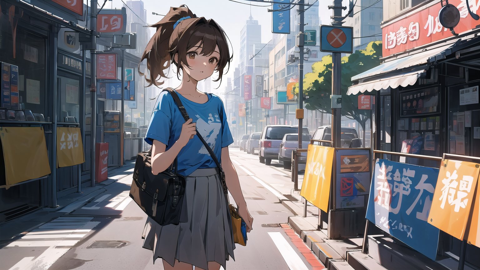 masterpiece, best quality, high quality, extremely detailed CG unity 8k wallpaper, extremely detailed, High Detail, vibrant colors, backlight, photo background, 

(1girl, solo), skirt, brown hair, shirt, brown eyes, ponytail, outdoors, parted lips, food, solo focus, bag, blue shirt, ground vehicle, building, motor vehicle, realistic, car, road, street, real world location,

woman, standing, street, blue t-shirt, white skirt, white shoulder bag, holding cute item, 7-Eleven, convenience store, background, pedestrians, vehicles, daytime,