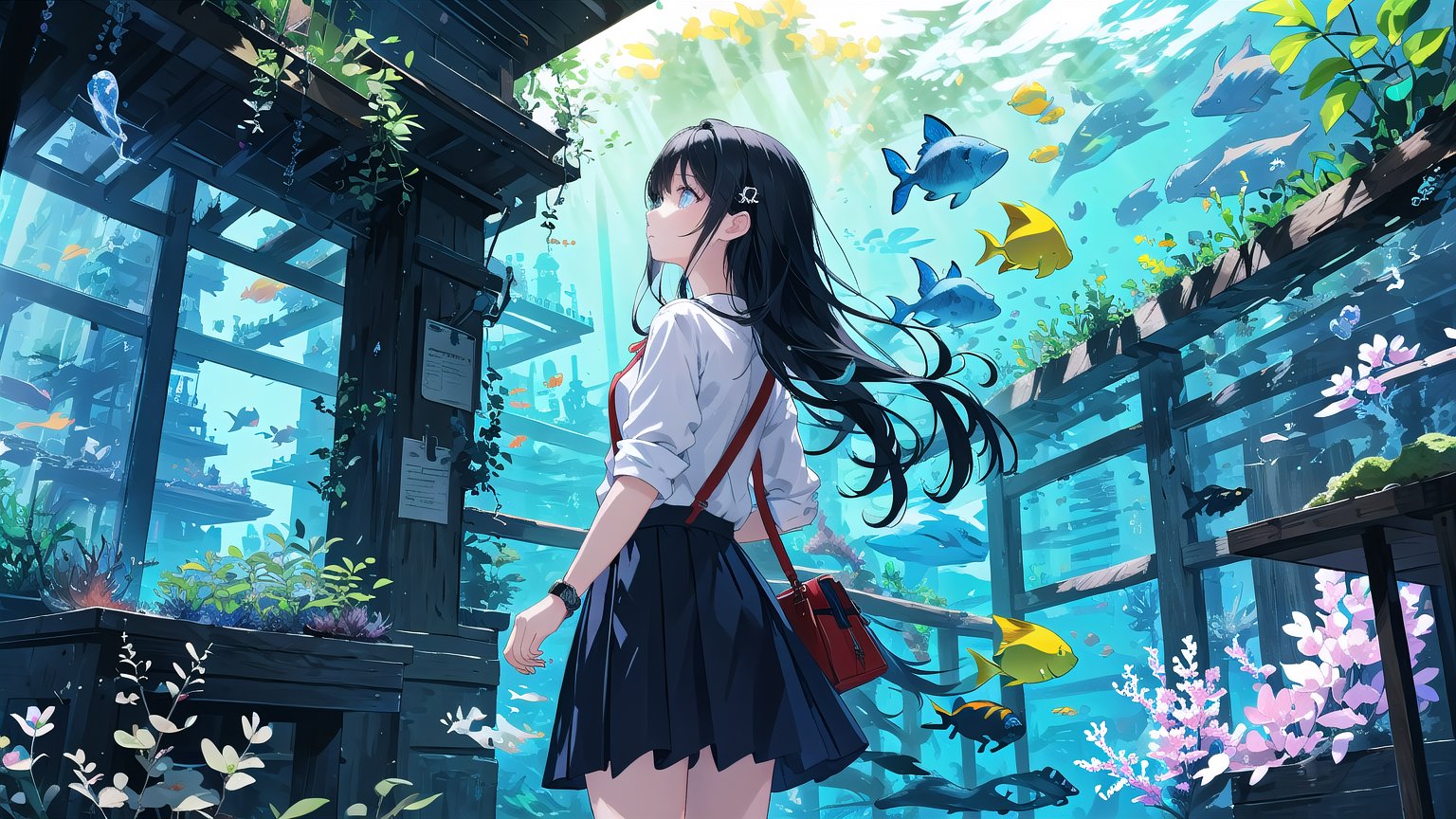 masterpiece, best quality, high quality, extremely detailed CG unity 8k wallpaper, extremely detailed, High Detail, vibrant colors, backlight, photo background, 

(1girl, solo), long hair, skirt, shirt, black hair, bag, looking up, watch, wristwatch, aquarium,

A girl standing in front of a large aquarium, gazing thoughtfully at the blue underwater scene, soft lighting, calm and serene atmosphere, long hair, casual outfit