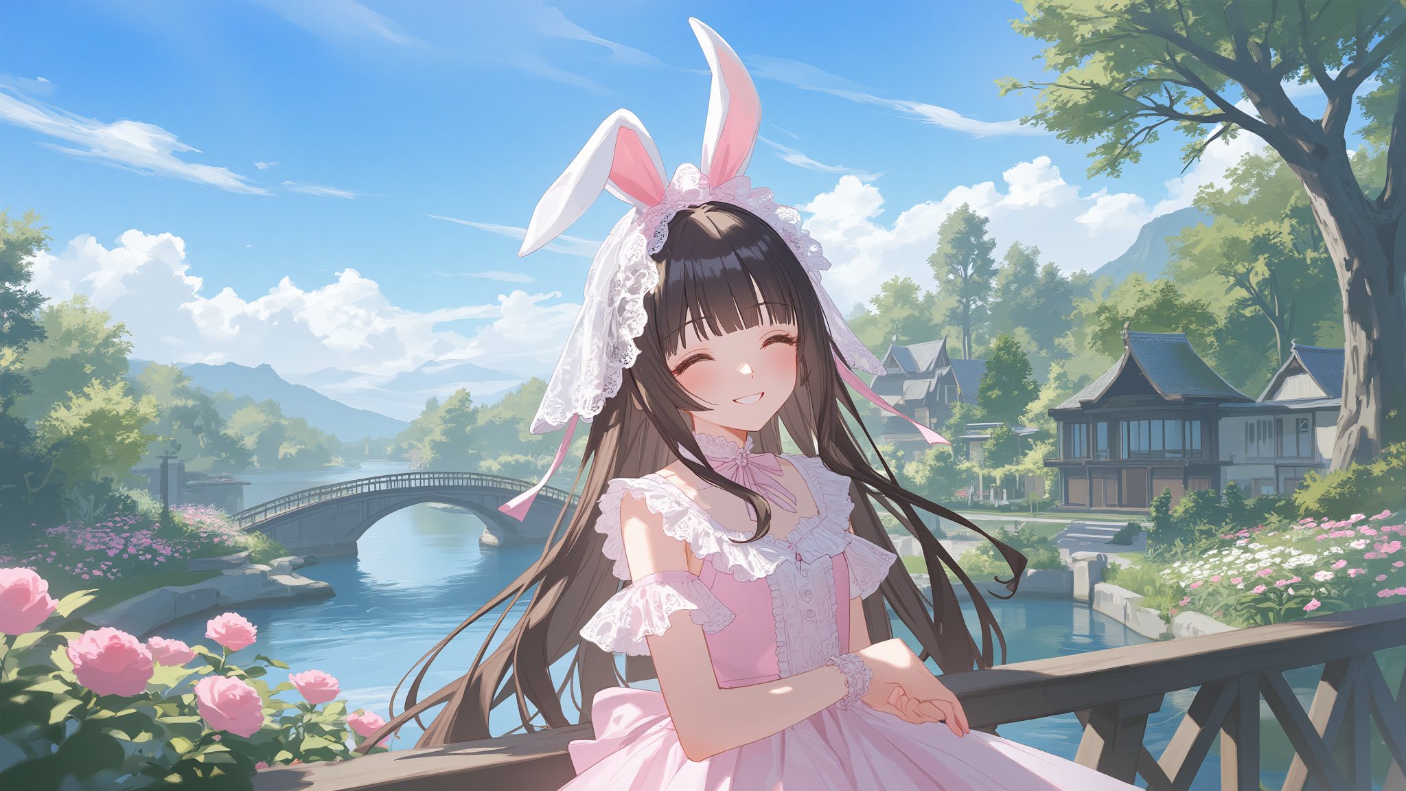 Captured at eye-level on a cloudy day, a young Asian girl, dressed in a pink dress, adorned with a white lace veil, is stunning against the backdrop of a body of water. Her hair is cascading down her back, adding a touch of warmth to the scene. She's wearing a pair of bunny ears, adorned in pink and white, adorned by a pink ribbon. Her eyes are closed, a soft smile on her face, and her lips are painted a soft pink. The girl's hair is long, dark brown, and she's smiling. The backdrop is a vibrant blue sky, dotted with white fluffy clouds. In the background, there is a quaint wooden bridge arching over the water, leading to a small garden filled with blooming flowers and lush greenery. The garden is bordered by tall, ancient trees whose leaves rustle gently in the breeze.