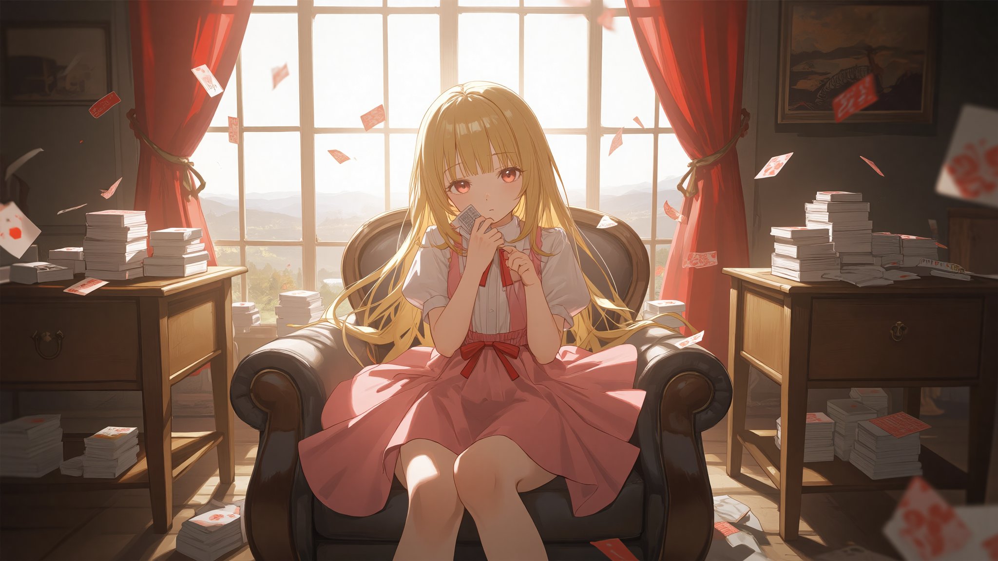 A young girl sits pensively on a worn chair, surrounded by stacks of playing cards, amidst a room bathed in soft, warm light. A large window behind her frames a serene landscape, while red curtains flutter gently. Her long blonde hair falls to her shoulders, with bangs framing her thoughtful expression. The pink dress and red bow add a touch of whimsy, as she holds a card tightly in her hand, lost in contemplation.