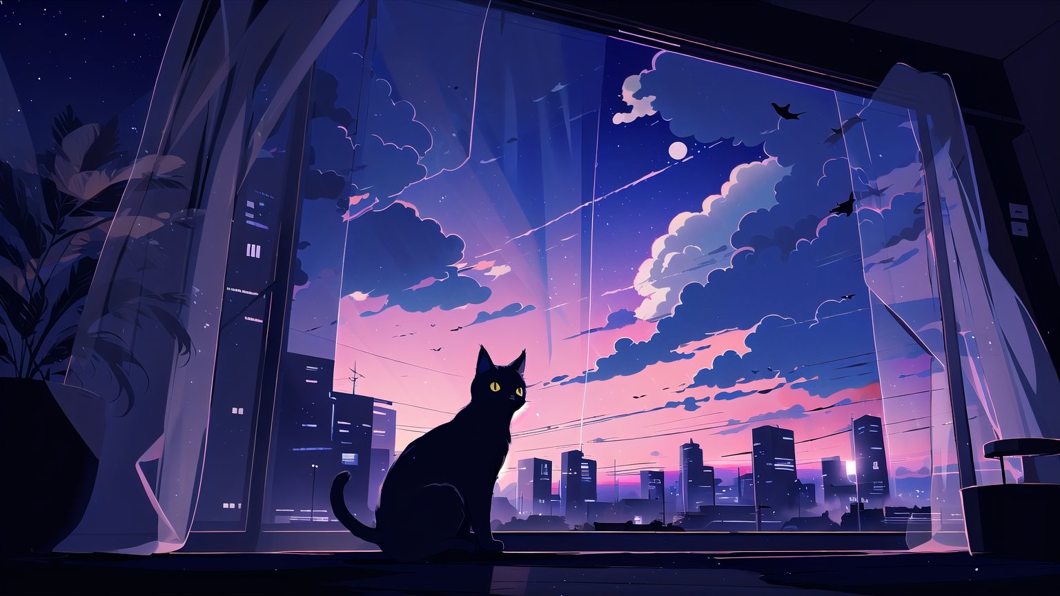 masterpiece, best quality, high quality, backlight, (midjourney), midjourney style, anime style, wallpaper, blue tone, blue background, 

(cat, a black cat, cute, (silhouette)), sitting, sky, cloud, indoors, (no humans:1.5), window, cloudy sky, curtains, scenery, blue sky, open window, windowsill,

A black cat sitting by the window, looking out at a sky transitioning from bright daytime with fluffy white clouds, through a twilight sky with pink and purple hues, to a night sky full of stars and dark clouds, curtains gently framing the view, soft light transitioning from day to night