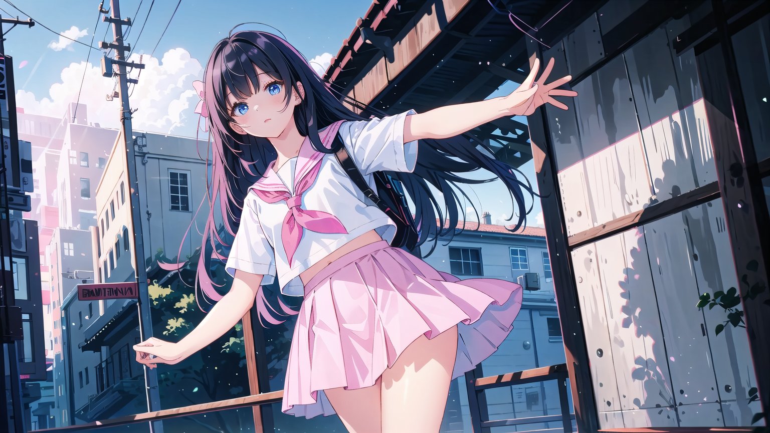 masterpiece, best quality, high quality,extremely detailed CG unity 8k wallpaper, extremely detailed, High Detail, 

1girl, solo, long hair, black hair, blue eyes, skirt, shirt, school uniform, standing, white shirt, short sleeves, pleated skirt, outdoors, sky, serafuku, (pink serafuku, pink school uniform), day, sailor collar, blurry, arm up, neckerchief, long skirt, ,girl