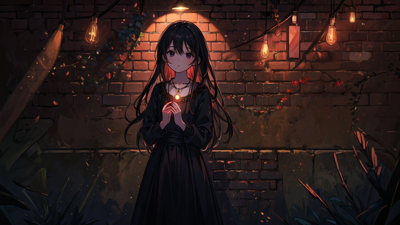 masterpiece, best quality, high quality, extremely detailed CG unity 8k wallpaper, extremely detailed, High Detail, vibrant, colors, backlight, simple background, brick wall background,

(1girl, solo), long hair, looking at viewer, black hair, jewelry, upper body, necklace, black eyes, lips, magic, brick wall, full body,

A young girl standing in front of a brick wall, holding glowing string lights in her hands, dimly lit background, warm and mysterious atmosphere, calm expression, direct gaze at the camera, slightly pursed lips, wearing a black outfit with red floral embroidery,