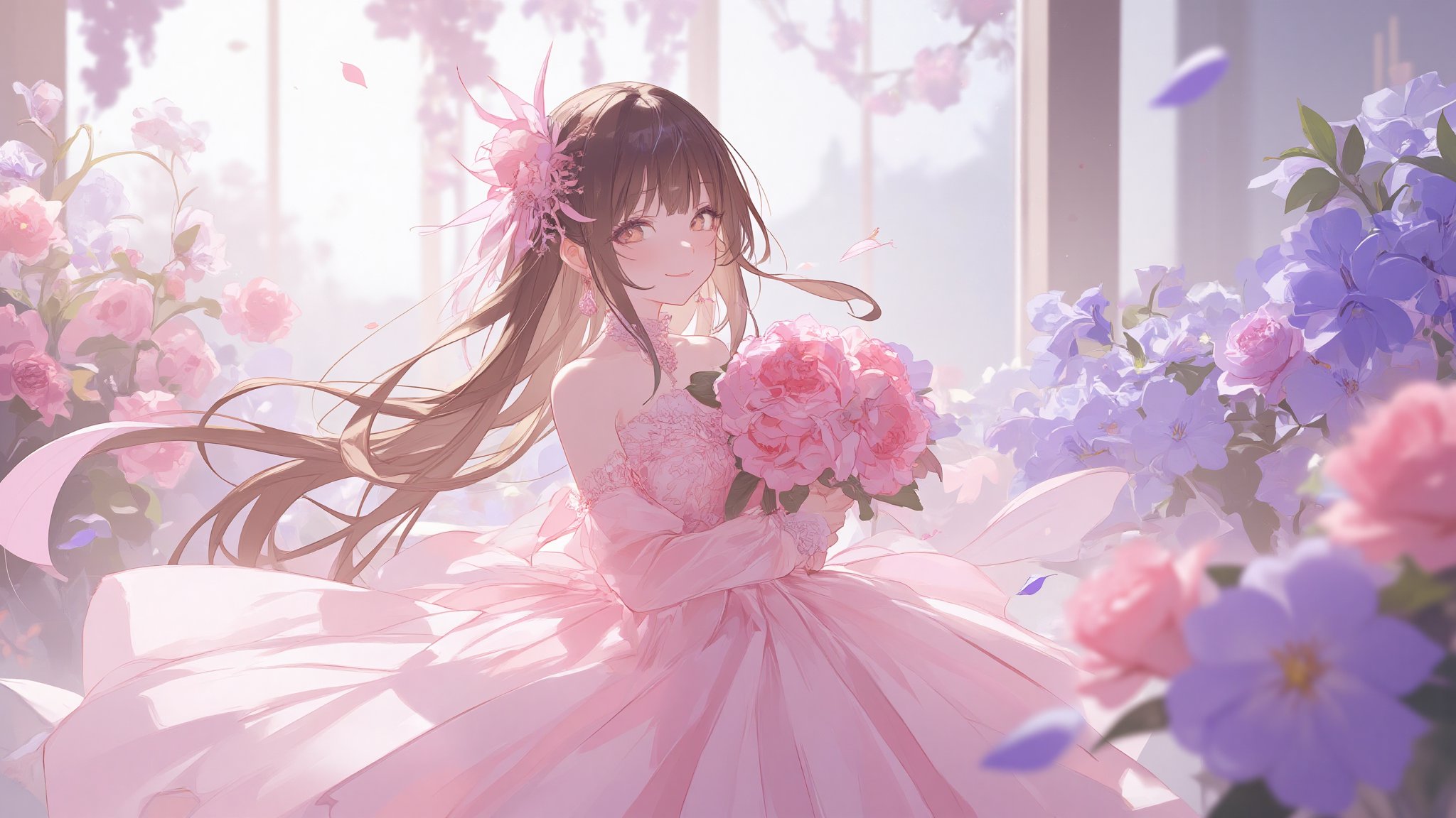 masterpiece, best quality, high quality, extremely detailed CG unity 8k wallpaper, extremely detailed, High Detail, vibrant colors, backlight, photo background, 

(1girl, solo), long hair, smile, brown hair, hair ornament, dress, jewelry, closed eyes, flower, earrings, lips, wavy hair, bouquet,

A dreamy, ethereal scene with pastel pink and purple floral decorations in the background, A person in a flowing pink gown holding a large pink flower, surrounded by a soft and romantic atmosphere